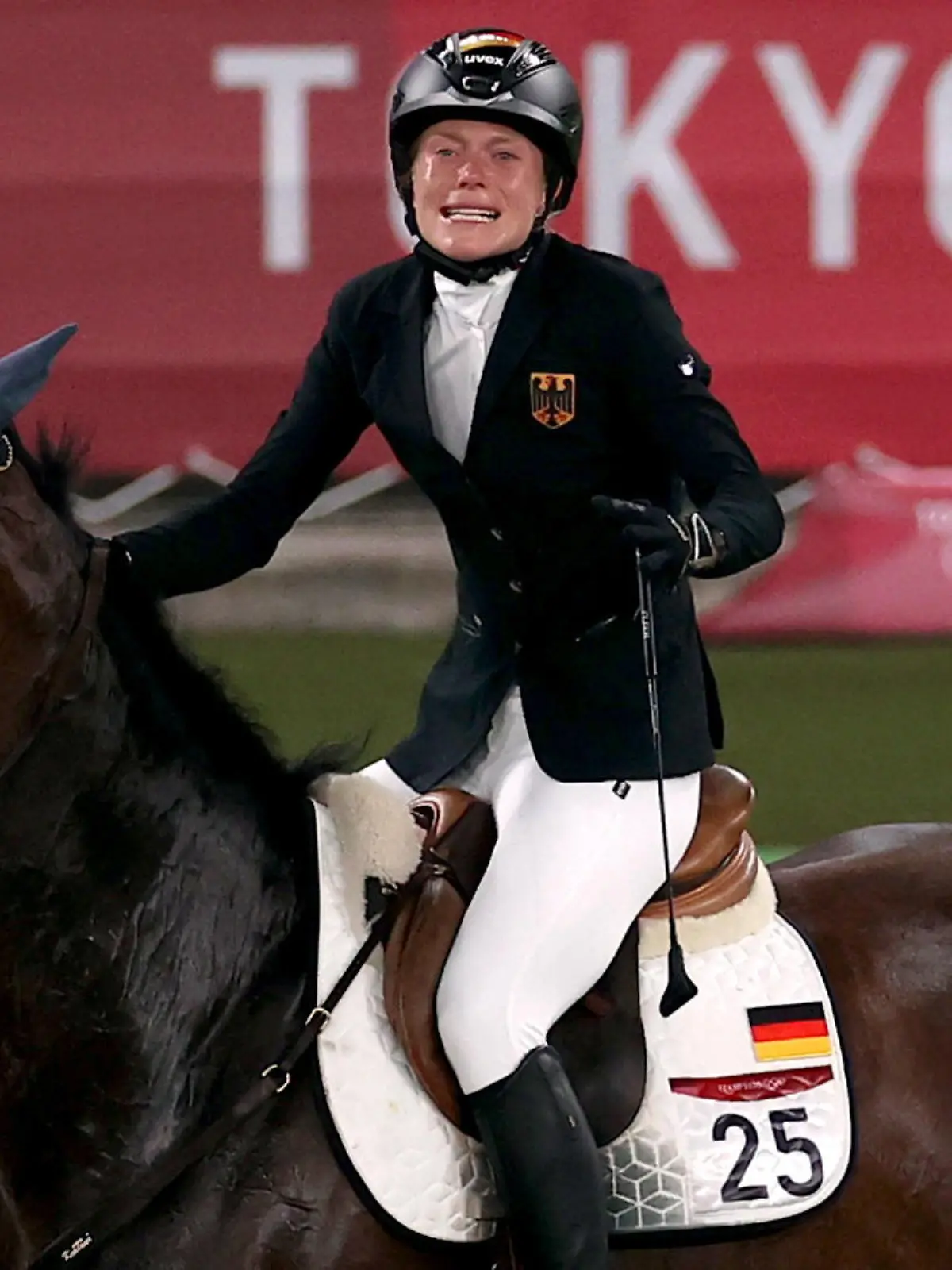 Tokyo 2020 Olympics - Modern Pentathlon - Women's Riding - Tokyo Stadium - Tokyo, Japan - August 6, 2021. Annika Schleu of Germany reacts before being eliminated REUTERS/Ivan Alvarado