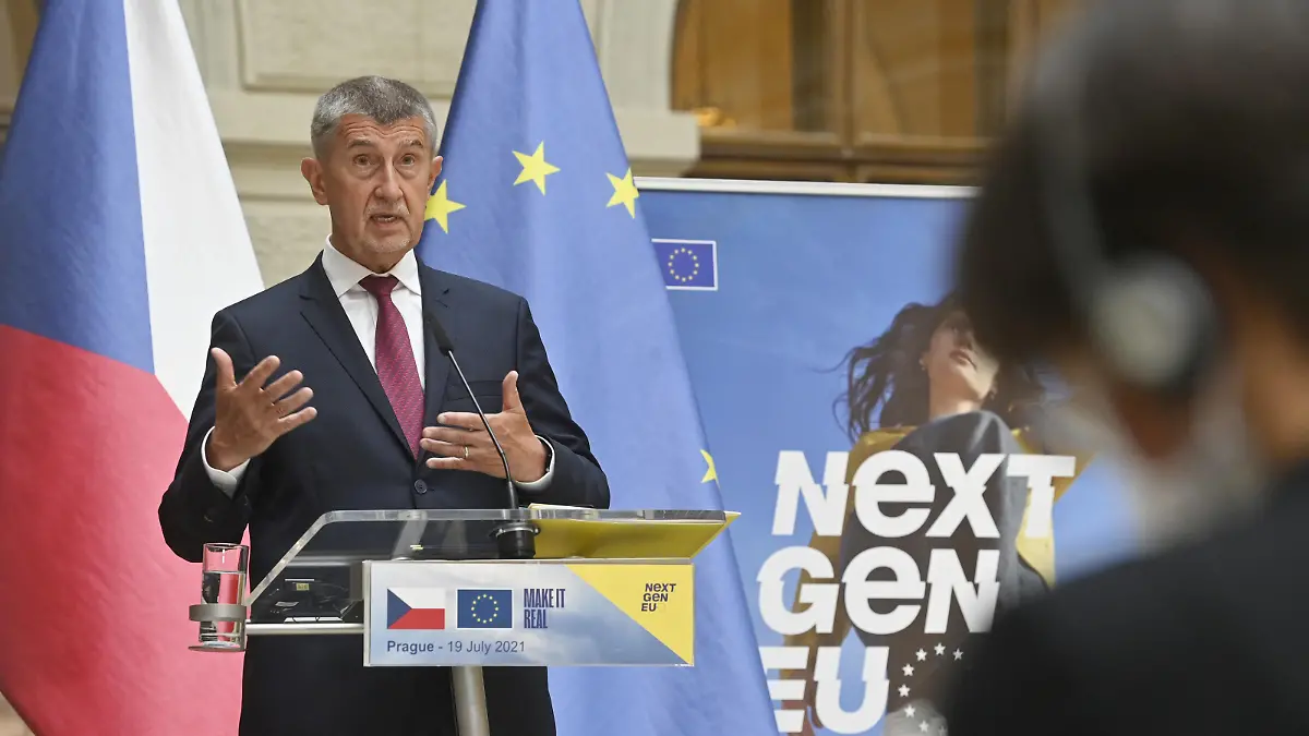 Prime Minister Andrej Babis speaks on a news conference with President of the European Commission Ursula von der Leyen (not on photo), who will present the approved relief plan, in Prague this morning, on Monday, July 19, 2021. The Czech Republic will receive 180 billion crowns from the EU recovery fund to revive the economy after the coronavirus crisis. (CTK Photo/Vit Simanek)