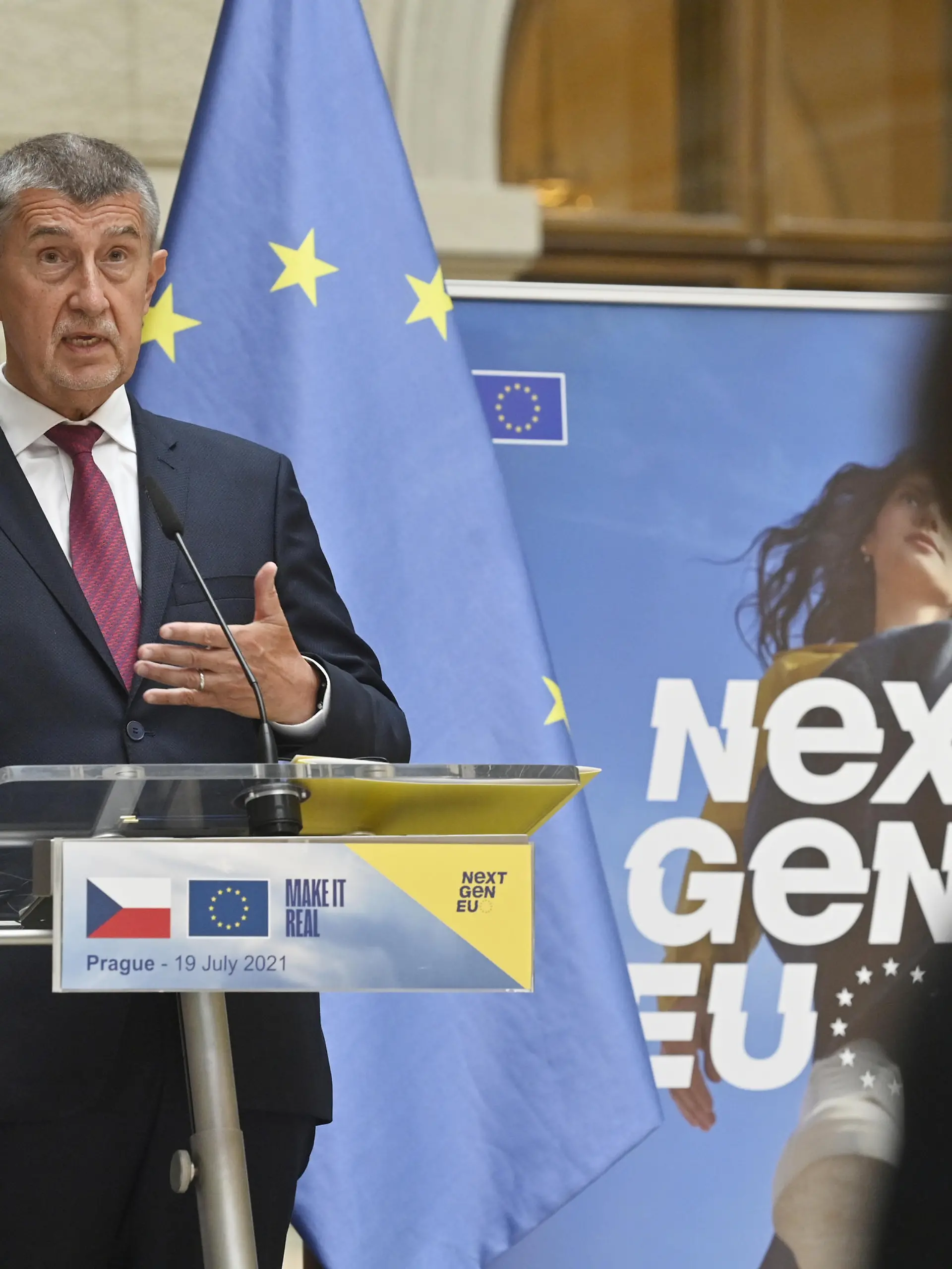 Prime Minister Andrej Babis speaks on a news conference with President of the European Commission Ursula von der Leyen (not on photo), who will present the approved relief plan, in Prague this morning, on Monday, July 19, 2021. The Czech Republic will receive 180 billion crowns from the EU recovery fund to revive the economy after the coronavirus crisis. (CTK Photo/Vit Simanek)