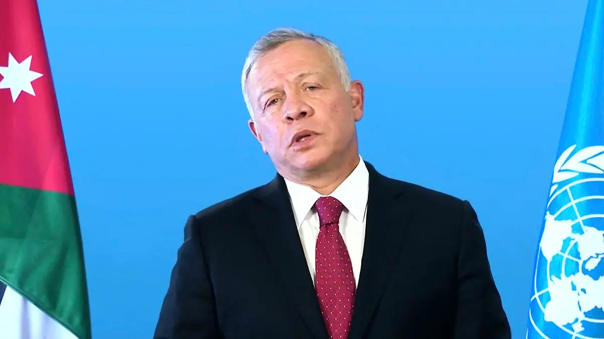 In this photo taken from video, Abdullah II ibn Al Hussein, the King of Jordan, speaks remotely addresses the 76th session of the United Nations General Assembly in a pre-recorded message, Wednesday, Sept. 22, 2021, at UN headquarters. (UN Web TV via AP)