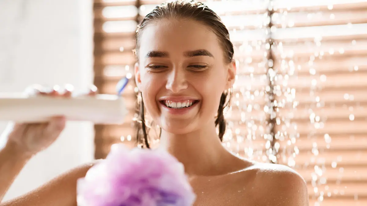 Happy Girl Putting Shower Gel On Puff, Taking Cool Shower