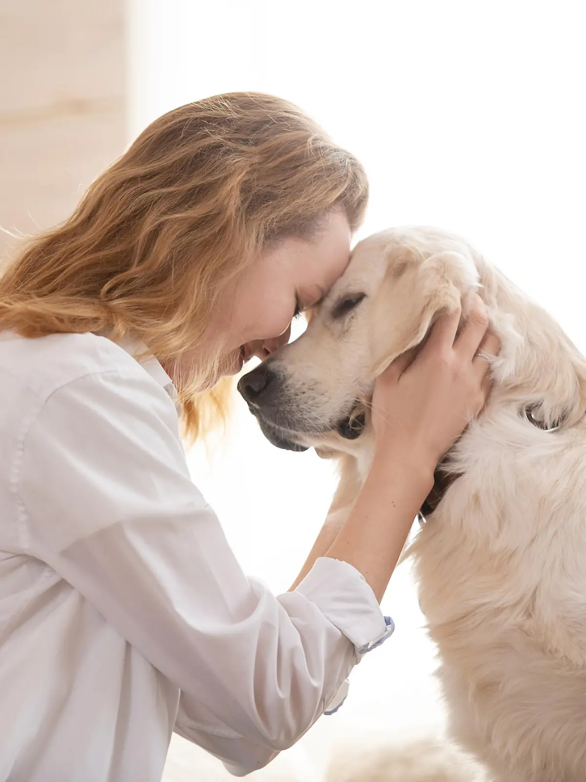 Young pretty woman in casual clothes hugging her beloved big white dog sitting on the sofa in the living room of her cozy country house. Animal communication concept