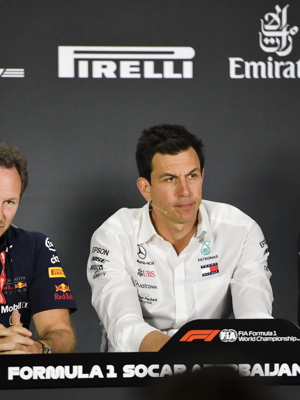 2019 Azerbaijan GP BAKU CITY CIRCUIT, AZERBAIJAN - APRIL 26: Christian Horner, Team Principal, Red Bull Racing, Toto Wolff, Executive Director (Business), Mercedes AMG and Cyril Abiteboul, Managing Director, Renault F1 Team In the press conference PK Pressekonferenz during the Azerbaijan GP at Baku City Circuit on April 26, 2019 in Baku City Circuit, Azerbaijan. (Photo by Simon Galloway / Sutton Images) Images) PUBLICATIONxINxGERxSUIxAUTxHUNxONLY SG2_8861  