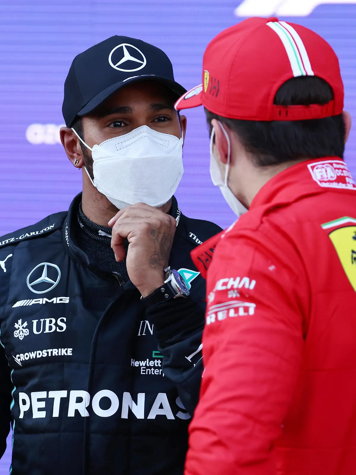 Formula 1 2021: Azerbaijan GP BAKU CITY CIRCUIT, AZERBAIJAN - JUNE 05: Sir Lewis Hamilton, Mercedes, talks with pole man Charles Leclerc, Ferrari, in Parc Ferme during the Azerbaijan GP at Baku City Circuit on Saturday June 05, 2021 in Baku, Azerbaijan. Photo by Steve Etherington / LAT Images Images PUBLICATIONxINxGERxSUIxAUTxHUNxONLY GP2106_123109SNE43231 