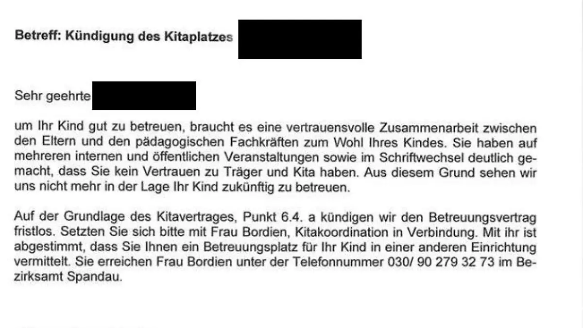 Mit diesem Schreiben kündigte die AWO Spandau den Kita-Platz von Matthias Rodorffs kleiner Tochter.