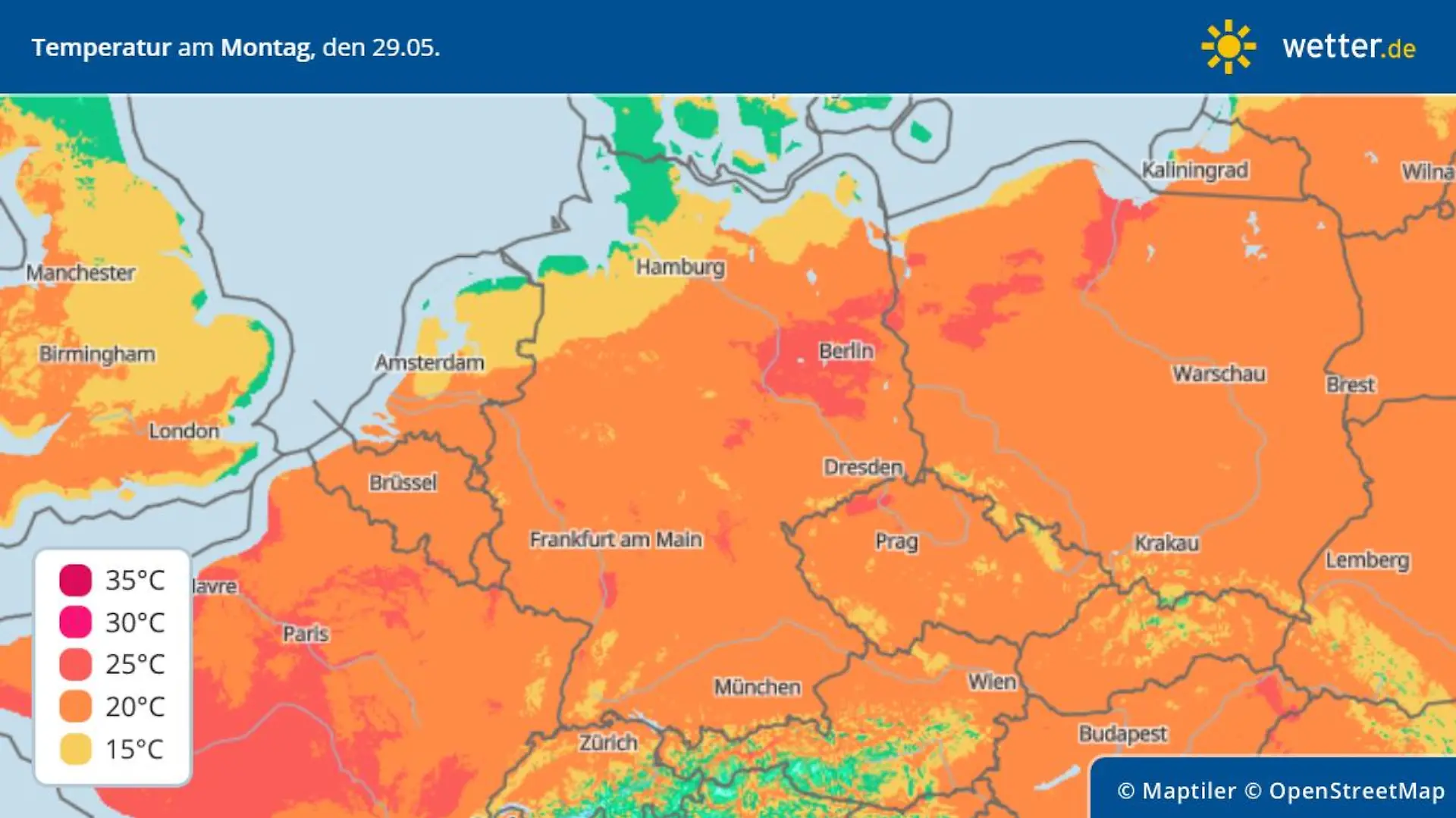 Temperaturhöchstwerte für Montag, 29. Mai, in Deutschland
