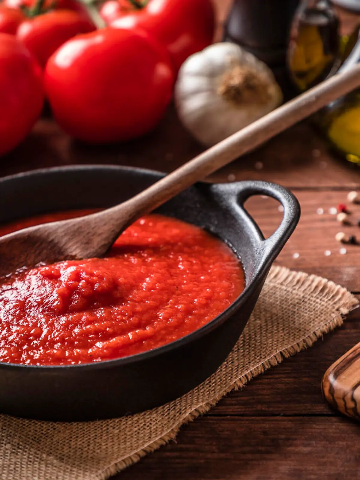 High angle view of a rustic cooking pan full of homemade tomato sauce surrounded by various tomatoes, garlic, pepper and olive oil for preparing the source. Predominant colors are brown and red, Studio shot taken with Canon EOS 6D Mark II and Canon EF 24-105 mm f/4L