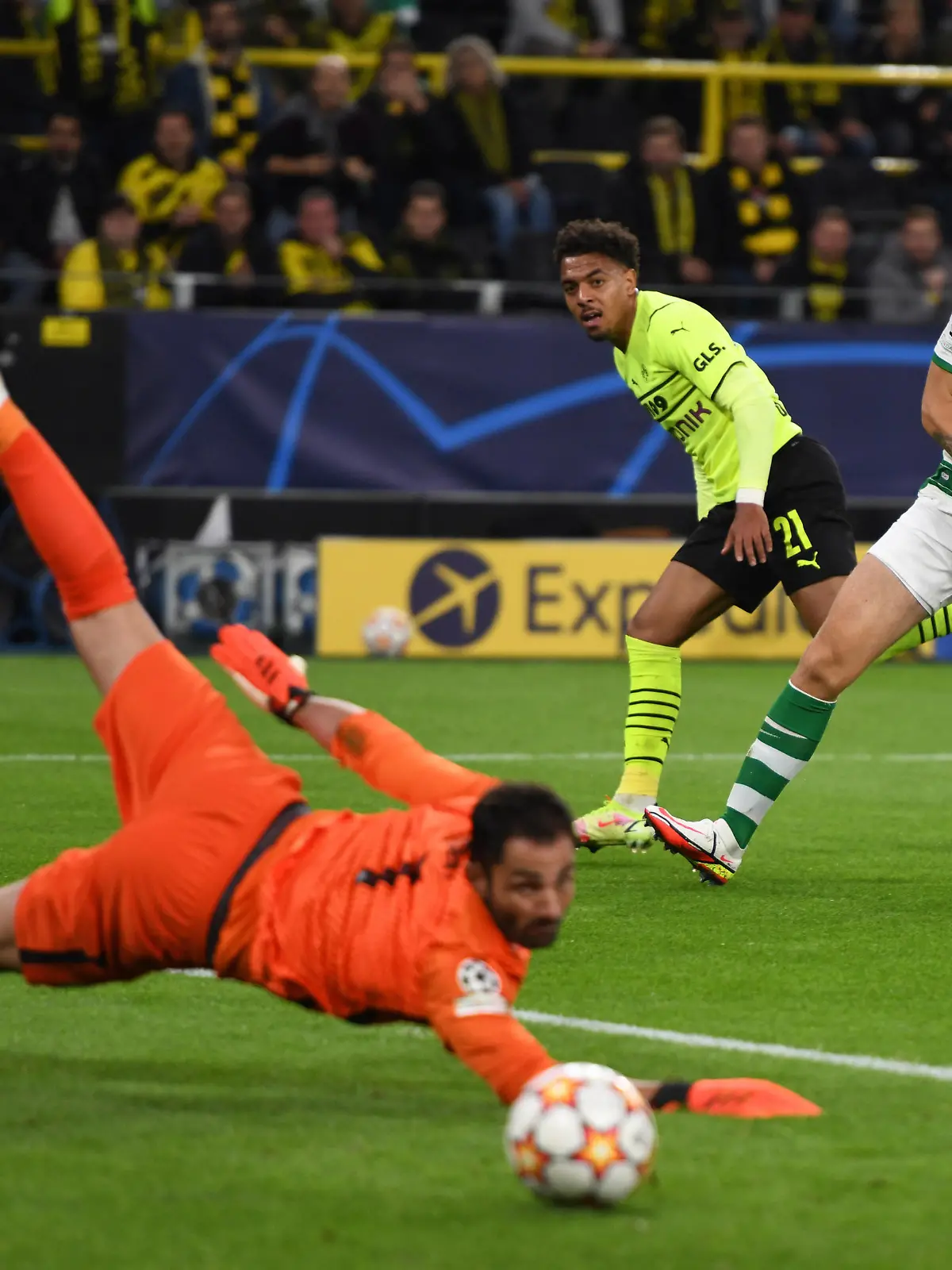  Championsleague: Borussia Dortmund - Sporting Lissabon 28.09.2021. Tor zum 1:0 für Dortmund durch Donyell Malen. Tw. Adan streckrsich vergeblich. Re.: Zouhair Feddal beide SCP. DFL REGULATIONS PROHIBIT ANY USE OF PHOTOGRAPHS AS IMAGE SEQUENCES AND/OR QUASI-VIDEO. Editorial use only  Nur für journalistische Zwecke  *** Championsleague Borussia Dortmund Sporting Lisbon 28 09 2021 Goal to 1 0 for Dortmund by Donyell Malen Tw Adan streckrsich in vain Re Zouhair Feddal both SCP DFL REGULATIONS PROHIBIT ANY USE OF PHOTOGRAPHS AS IMAGE SEQUENCES AND OR QUASI VIDEO Editorial use only For journalistic purposes only HM