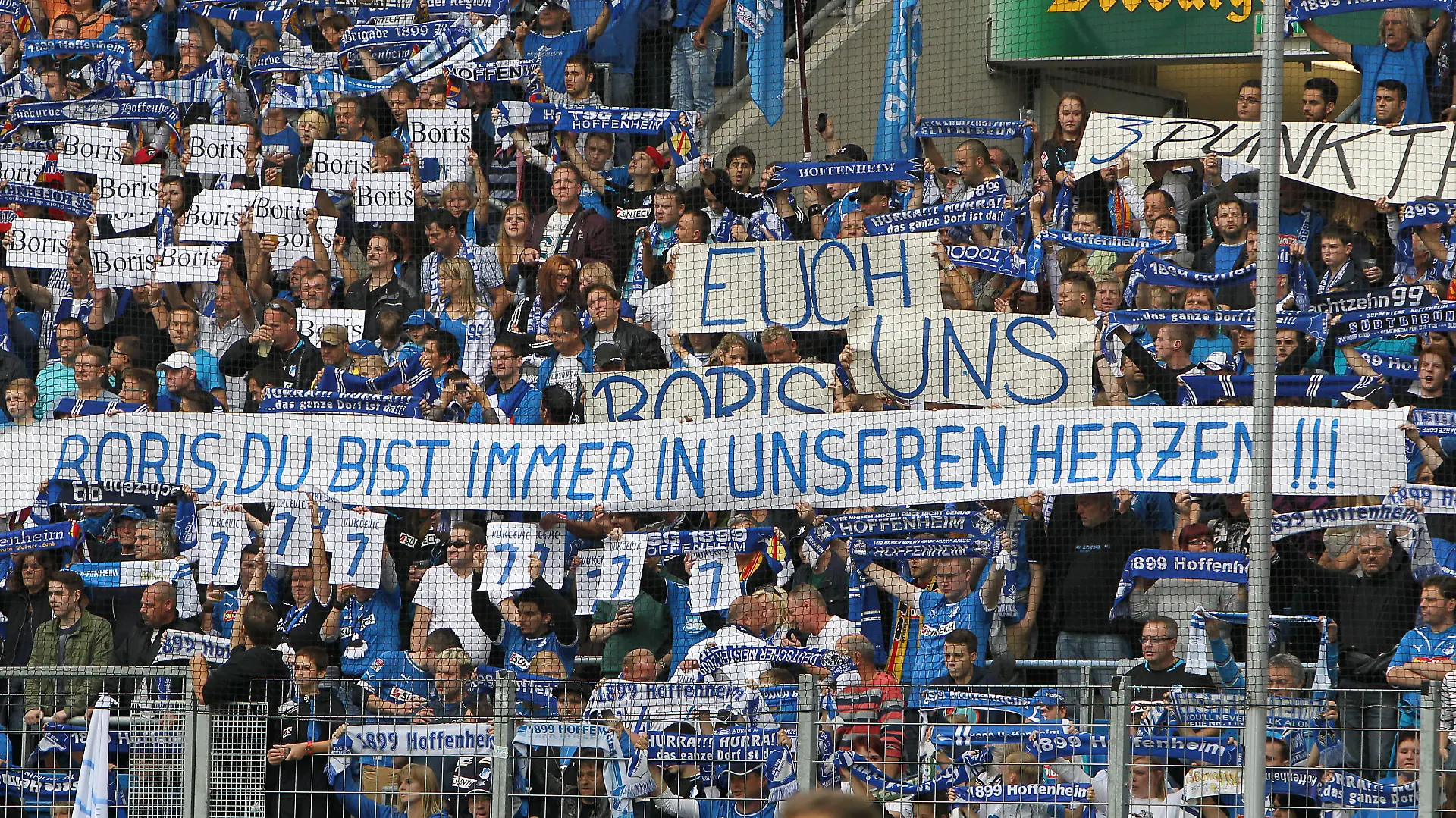 Hoffenheimer Fans gedenken dem jahrestag des schweren Unfalls von Boris VUKCEVIC (7, TSG 1899 Hoffenheim) 1. Bundesliga: 1899 Hoffenheim - FC Schalke 04, 7. Spieltag am 28.09.2013 Foto: M. Deines / PROMEDIAFOTO