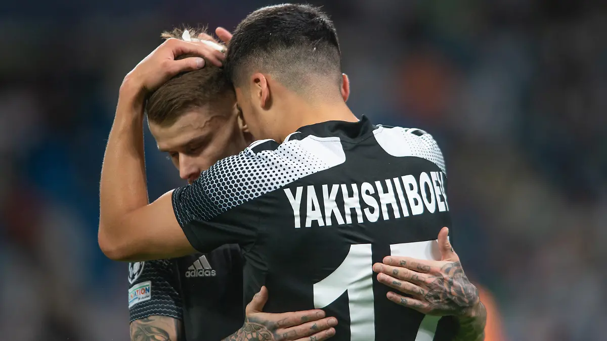 28th September 2021; Estadio Santiago Bernabeu, Madrid, Spain; Men’s Champions League, Real Madrid CF versus FC Sheriff Tiraspol; Yakhshiboev celebrates his goal for 0-1 in the 25th minute with Thill