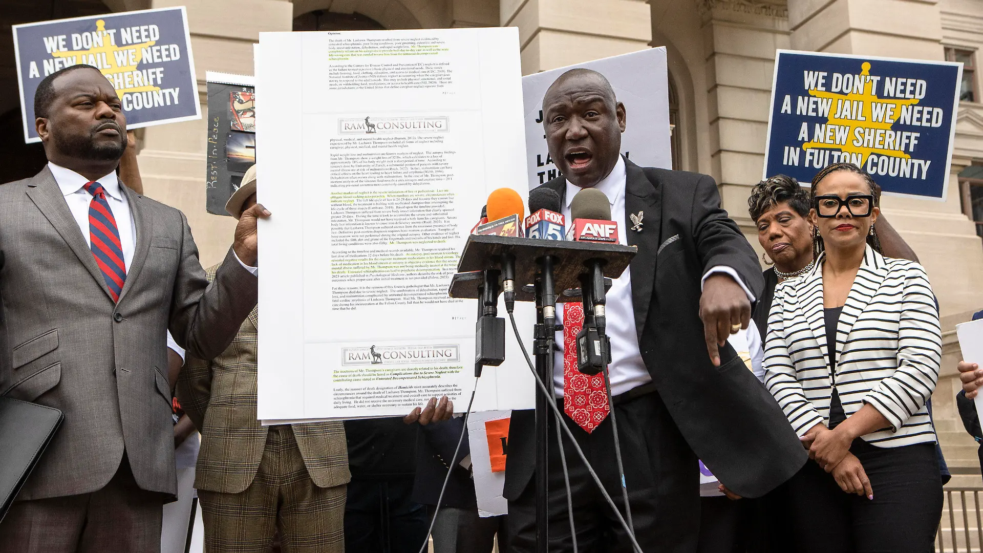 Ben Krump, civil rights attorney, speaks at a press conference addressing the results of an independent autopsy determining the cause of death of Lashawn Thompson on Monday, May 22, 2023, at the State Capital in Atlanta. Thompson's family and legal team released the results of an autopsy that determined that his death in the psychiatric wing of the Fulton County Jail resulted from neglect. (Christina Matacotta /Atlanta Journal-Constitution via AP)