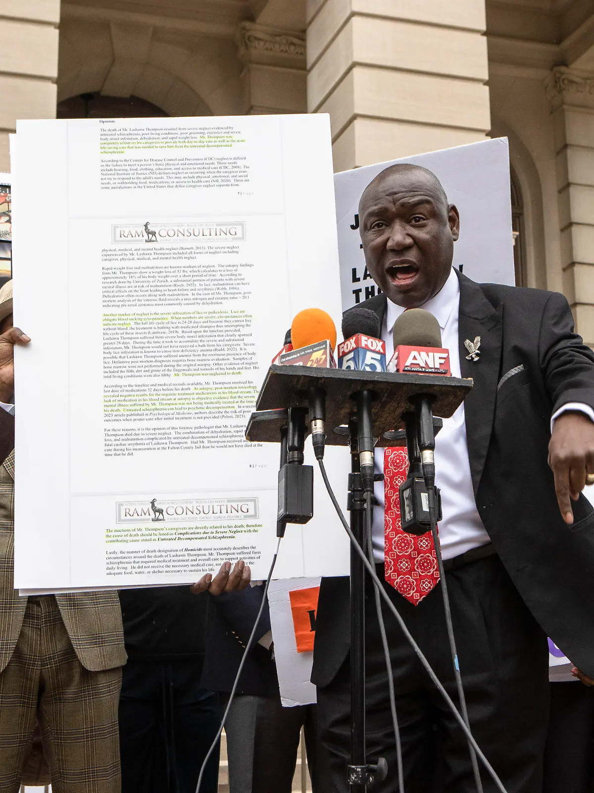 Ben Krump, civil rights attorney, speaks at a press conference addressing the results of an independent autopsy determining the cause of death of Lashawn Thompson on Monday, May 22, 2023, at the State Capital in Atlanta. Thompson's family and legal team released the results of an autopsy that determined that his death in the psychiatric wing of the Fulton County Jail resulted from neglect. (Christina Matacotta /Atlanta Journal-Constitution via AP)