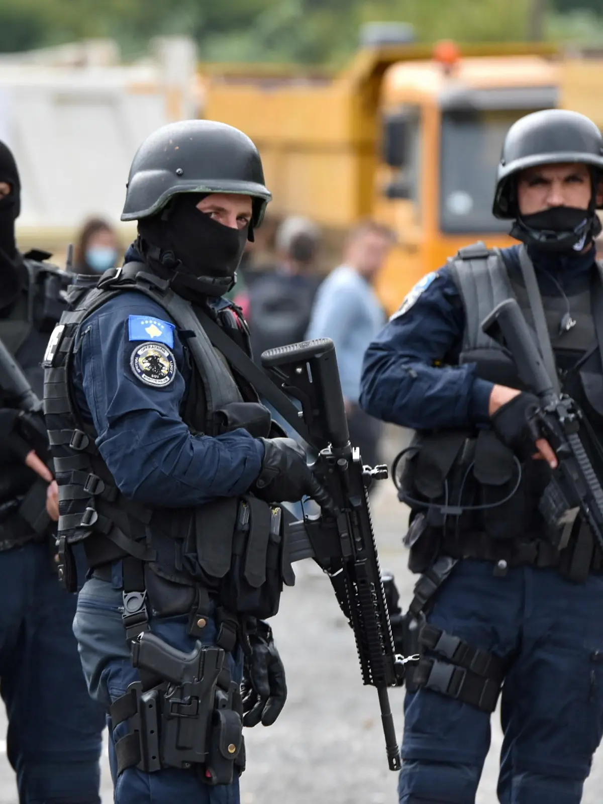 FILE PHOTO: Kosovo special police officers are pictured as hundreds of Kosovo Serbs protest against a government ban on entry of vehicles with Serbian registration plates in Jarinje, Kosovo, September 21, 2021. REUTERS/Laura Hasani/File Photo