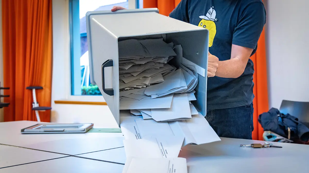 Bundestagswahl 2021 DEU, Deutschland, Nordrhein-Westfalen, Münster, 26.09.2021: In einem Wahllokal wird nach 1800 Uhr die Wahlurne geöffnet, die Wahlurne wird ausgeleert und die Stimmen ausgezählt. *** Bundestag election 2021 DEU, Germany, North Rhine Westphalia, Münster, 26 09 2021 In a polling station after 1800 hours the ballot box is opened, the ballot box is emptied and the votes are counted 