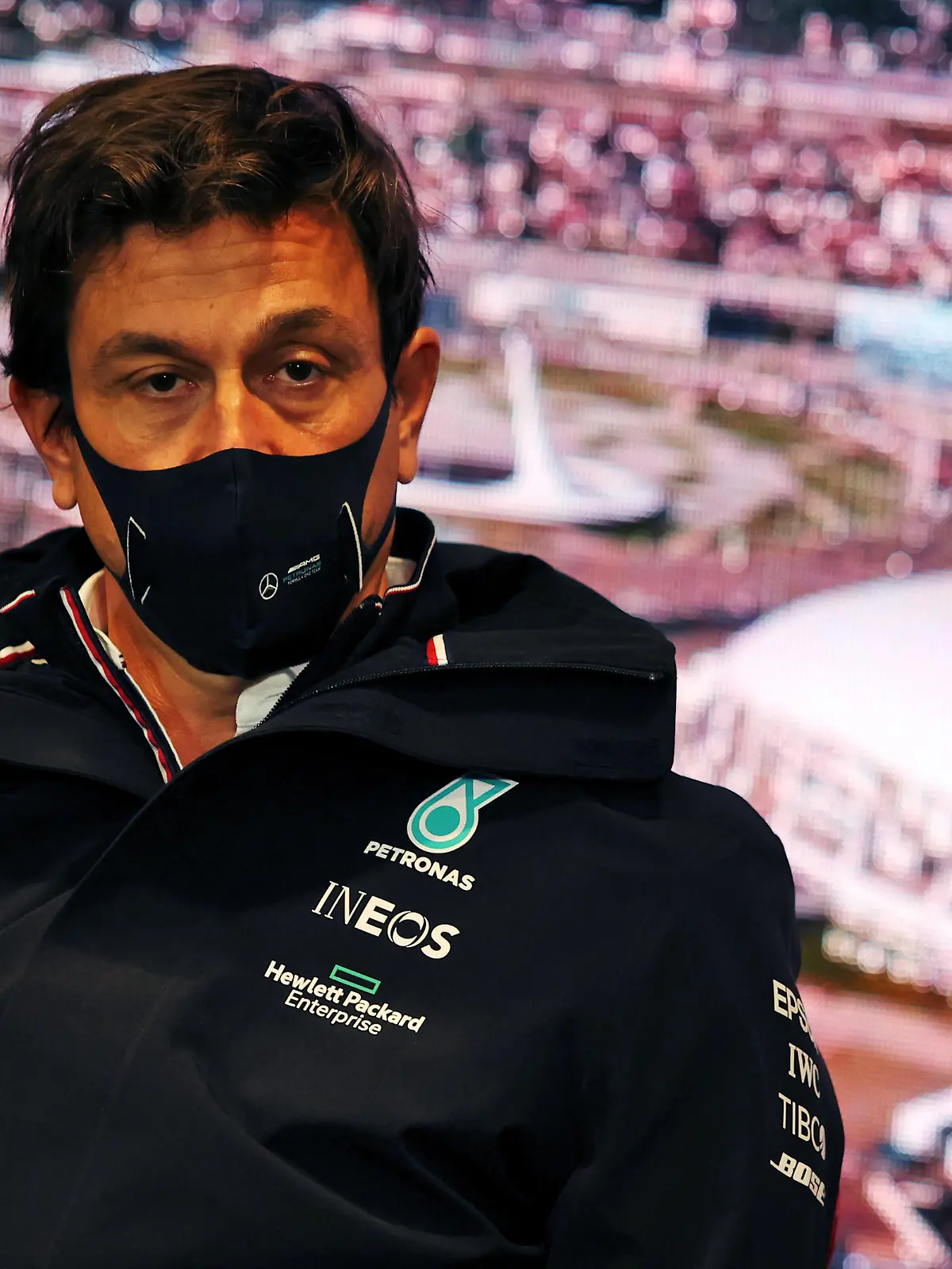 SOCHI, RUSSIA - SEPTEMBER 24: Mercedes GP Executive Director Toto Wolff talks in the Team Principals Press Conference during practice ahead of the F1 Grand Prix of Russia at Sochi Autodrom on September 24, 2021 in Sochi, Russia. (Photo by XPB - Pool/Getty Images)