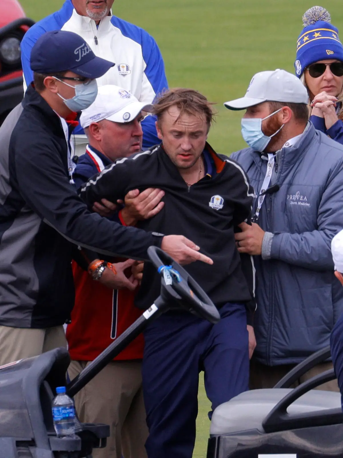 Golf - The 2020 Ryder Cup - Whistling Straits, Sheboygan, Wisconsin, U.S. - September 23, 2021 Actor Tom Felton receives medical attention during a practice round REUTERS/Mike Segar