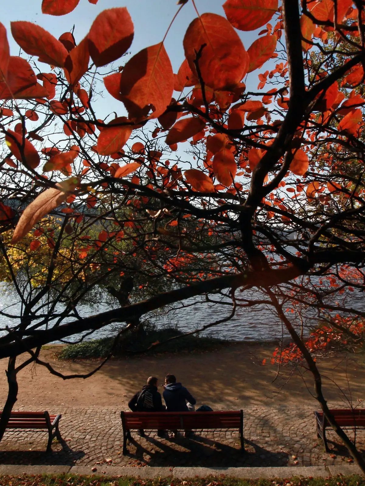 Bei strahlendem Sonnenschein genießen Passanten am Montag (18.10.2010) das Herbstwetter an der Binnenalster in Hamburg. In den kommenden Tagen soll das Wetter in Norddeutschland kühl und regnerisch werden. Foto: Ulrich Perrey dpa/lno  +++(c) dpa - Bildfunk+++
