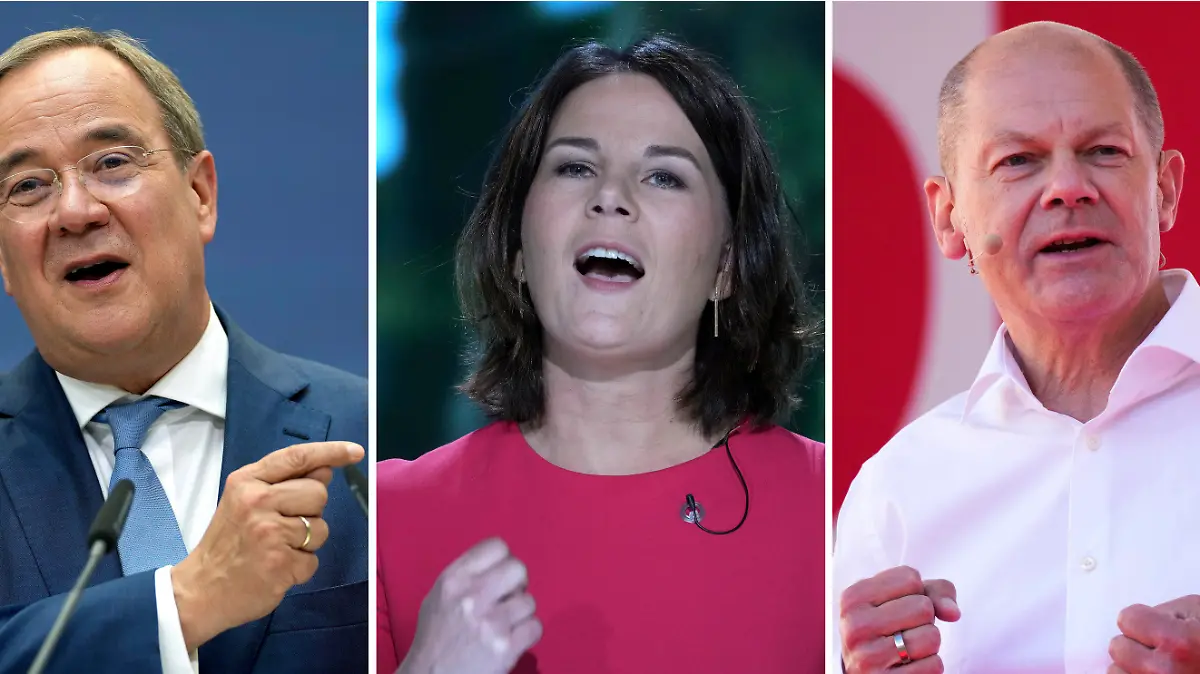 FILE - A combo images all taken in 2021 shows the chancellor top candidates, Olaf Scholz of the Social Democrats, Anna-Lena Baerbock of the Greens and Armin Laschet of the Christian Democrats, from right, during different election campaigns in Germany. German voters elect a new parliament on Sunday, Sept. 26, 2021, a vote that will determine who succeeds Chancellor Angela Merkel after her 16 years in power. Germany's election campaign has largely focused on the three candidates hoping to succeed Angela Merkel as chancellor after four terms in office, Annalena Baerbock for the Greens, Armin Laschet for the Christian Union parties and Olaf Scholz for the Social Democrats. German elections will be on Sept.26. (AP Photo/Markus Schreiber, Michael Sohn, File)