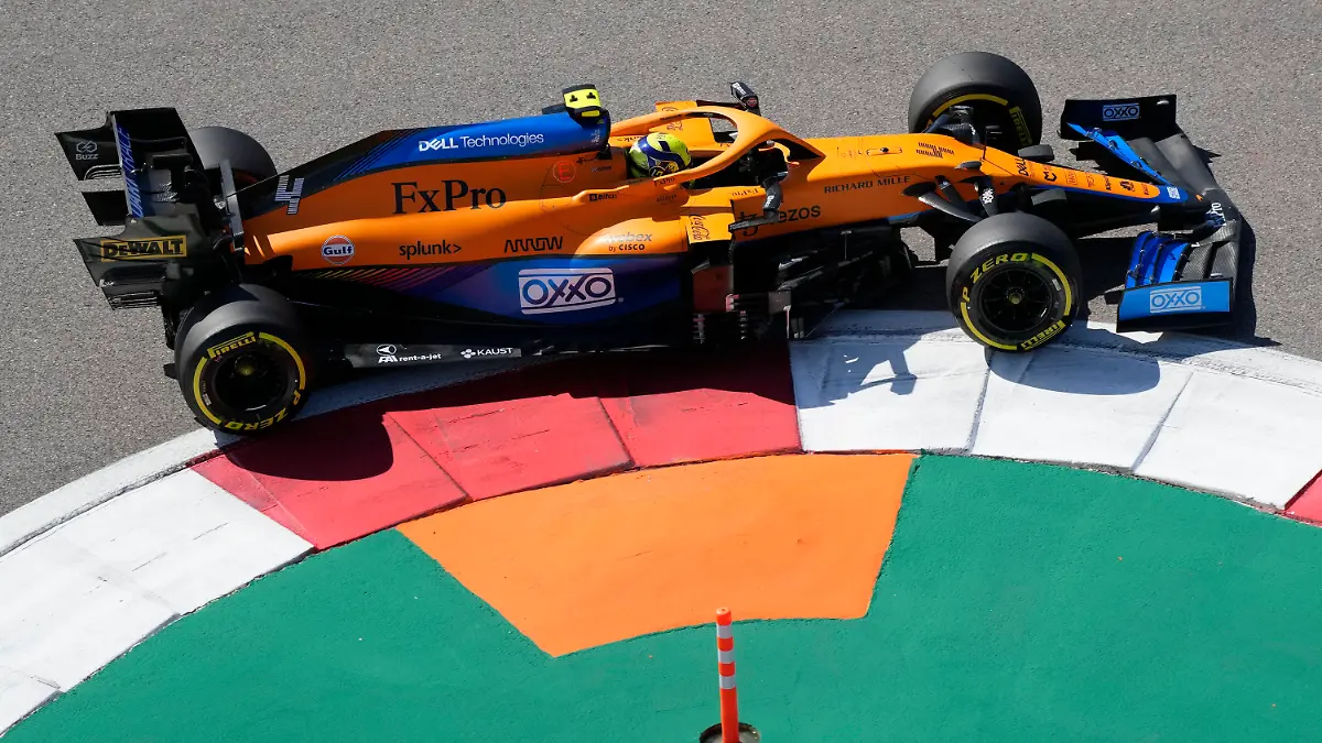 Mclaren driver Lando Norris of Britain steers his car during the first practice session at the Sochi Autodrom circuit, in Sochi, Russia, Friday, Sept. 24, 2021. The Russian Formula One Grand Prix will be held on Sunday. (AP Photo/Sergei Grits)