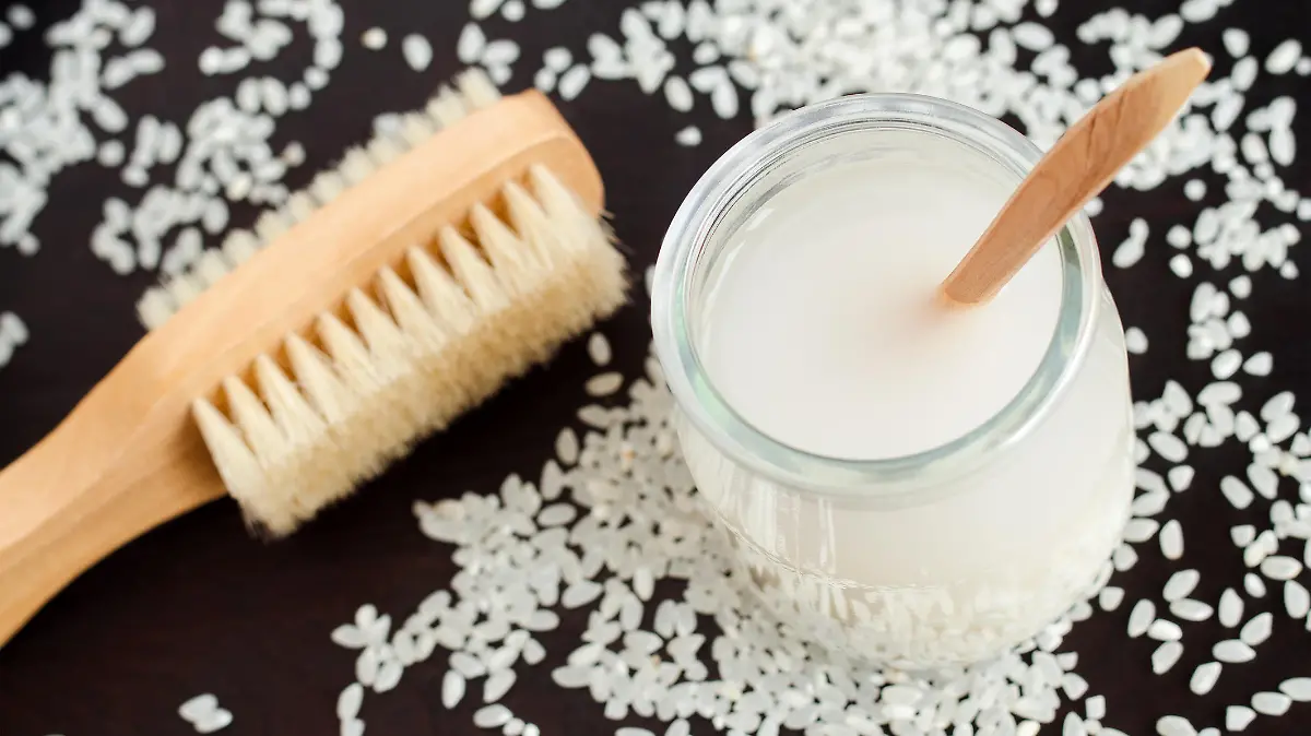 Homemade rice water - natural toner for skin and hair care. DIY cosmetics.