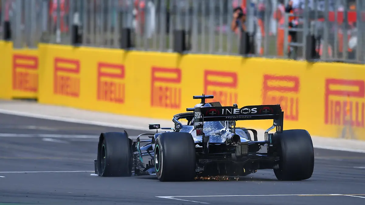 Silverstone file photo. File photo dated 02-08-2020 of Mercedes' British driver Lewis Hamilton drives with a puncture before winning the Formula One British Grand Prix. Issue date: Tuesday August 4, 2020. Pirelli has revealed that punctures suffered during Sundays British Grand Prix were as a result of high tyre wear and not debris. See PA story AUTO Pirelli. Photo credit should read FIA Pool/PA Wire. URN:54862423