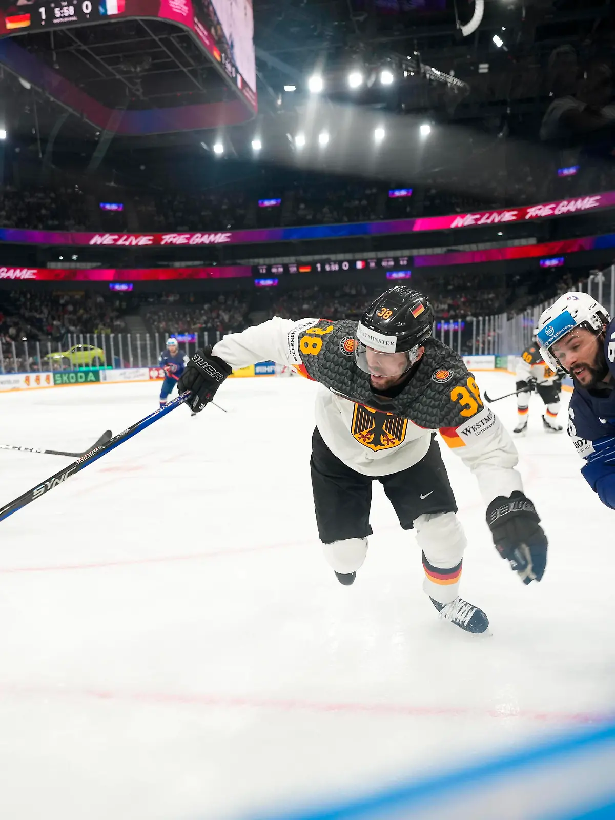 Fabio Wagner 38, GER and Loic Farnier 96, FRA during the 2023 IIHF Ice hockey, Eishockey World Championship, WM, Weltmeisterschaft Group A match between Germany - France at the Nokia Arena on 23. May 2023 in Tampere, Finland. KALLE PARKKINEN/Newspix24 PUBLICATIONxNOTxINxFINxSWExNORxAUT Copyright: xKallexParkkinenx np24231257765