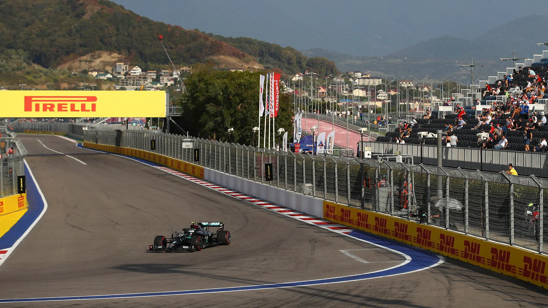 Mercedes driver Valtteri Bottas of Finland steers his car during the second practice session for the upcoming Russian Formula One Grand Prix, at the Sochi Autodrom circuit, in Sochi, Russia, Friday, Sept. 25, 2020. The Russian Formula One Grand Prix will take place on Sunday. (Bryn Lennon/Pool Photo via AP)