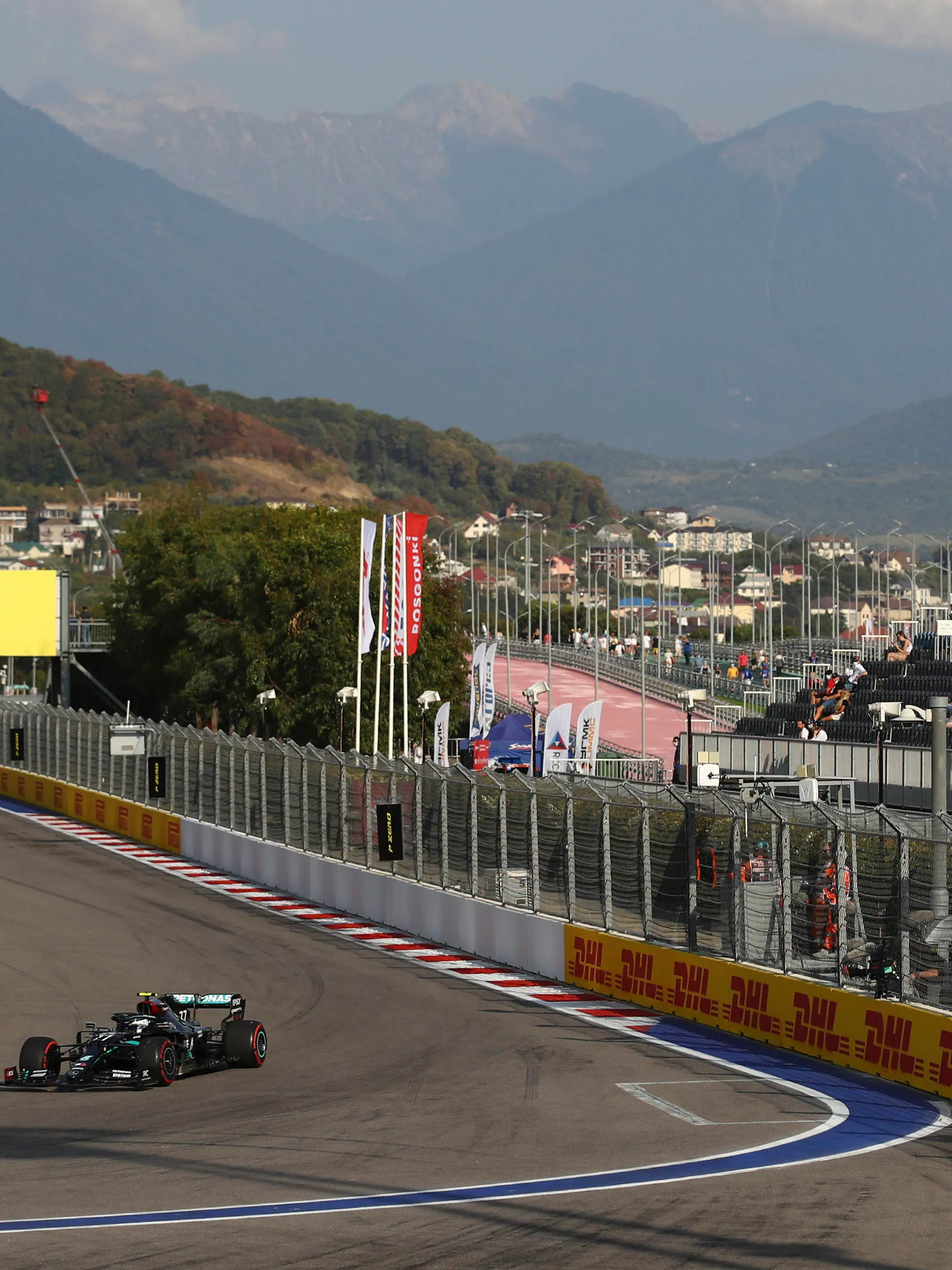 Mercedes driver Valtteri Bottas of Finland steers his car during the second practice session for the upcoming Russian Formula One Grand Prix, at the Sochi Autodrom circuit, in Sochi, Russia, Friday, Sept. 25, 2020. The Russian Formula One Grand Prix will take place on Sunday. (Bryn Lennon/Pool Photo via AP)