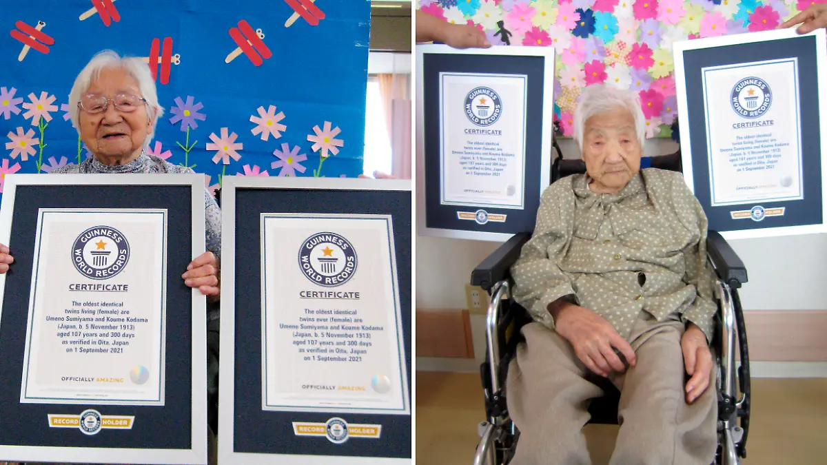 This combination of two undated photos released by Guinness World Records on Tuesday, Sept. 21, 2021, show sisters Umeno Sumiyama, left, and Koume Kodama at separate nursing homes in Shodoshima island, left, and Oita prefecture, Japan. The two Japanese twin sisters have been certified by Guinness World Records as the world's oldest living identical twins, aged 107 years and 300 days as of Sept. 1, 2021, the organization said Monday, Sept. 20, 2021. (Guinness World Records via AP)