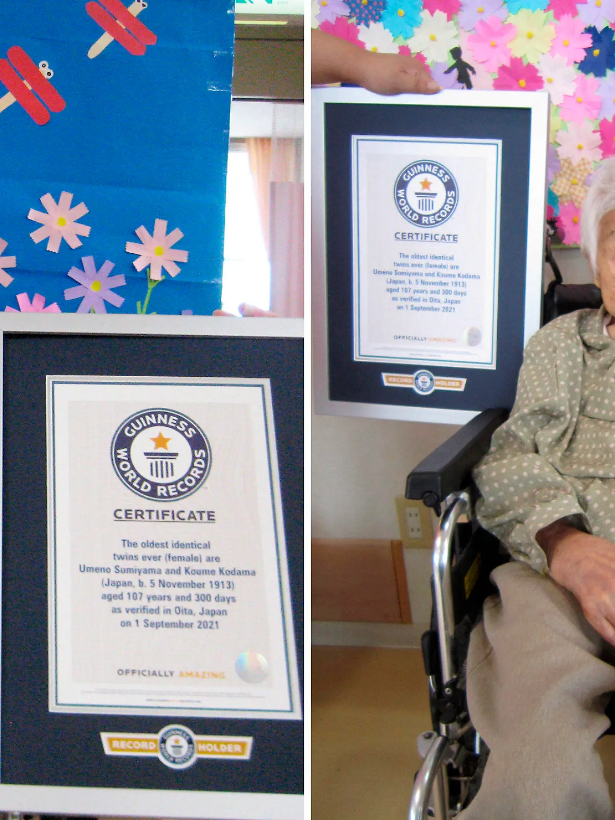 This combination of two undated photos released by Guinness World Records on Tuesday, Sept. 21, 2021, show sisters Umeno Sumiyama, left, and Koume Kodama at separate nursing homes in Shodoshima island, left, and Oita prefecture, Japan. The two Japanese twin sisters have been certified by Guinness World Records as the world's oldest living identical twins, aged 107 years and 300 days as of Sept. 1, 2021, the organization said Monday, Sept. 20, 2021. (Guinness World Records via AP)