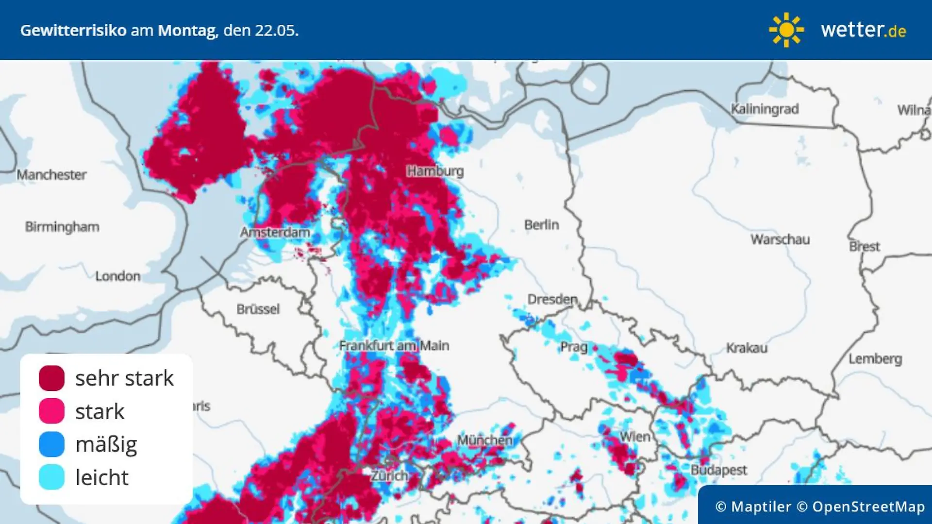 Gewitterrisiko am Montag, 22. Mai, in Deutschland