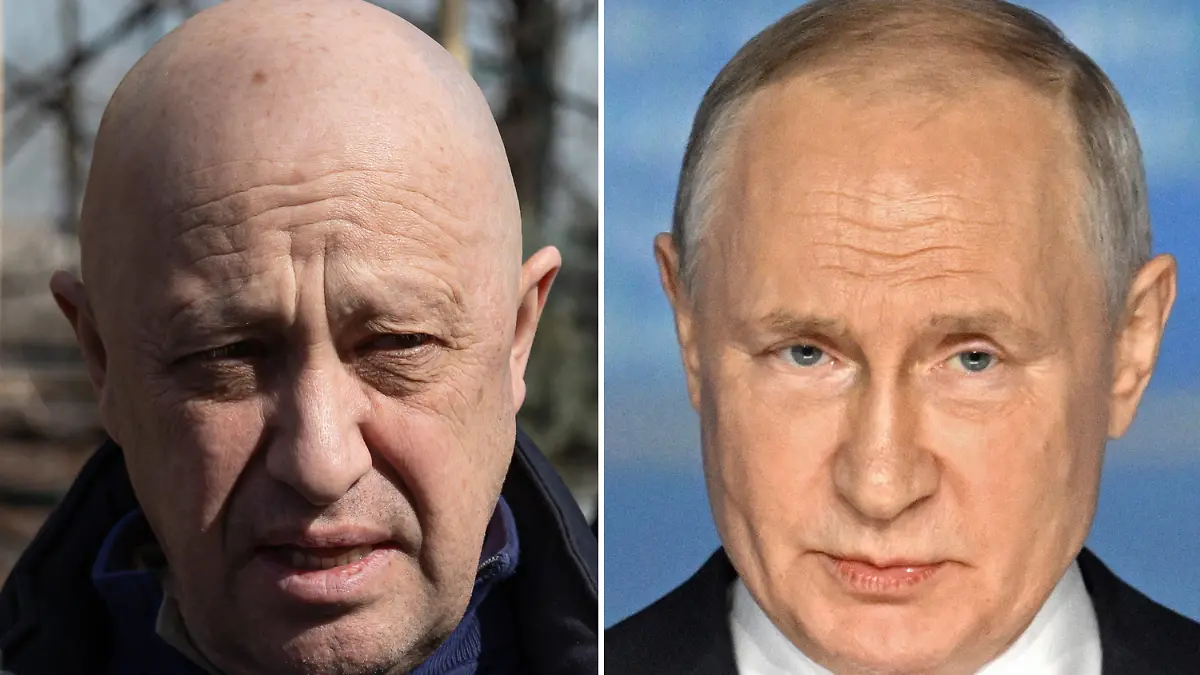 ARCHIV - 08.04.2023, Russland, Moskau: Die Bildkombo zeigt Jewgeni Prigoschin (l, am 08.04.2023 in Moskau), Chef der russischen Privatarmee Wagner, und Wladimir Putin (am 16.06.2023 in St. Petersburg), Präsident von Russland. Der Kreml hat Berichte über ein Treffen von Russlands Präsident Putin mit dem Chef der Söldnertruppe Wagner nach dessen Revolte gegen die Militärführung im Juni bestätigt. «In der Tat hatte der Präsident ein solches Treffen, er hat dazu 35 Leute eingeladen - alle Kommandeure von Einheiten und die Führung des Unternehmens, darunter Prigoschin selbst», sagte Kremlsprecher Peskow am Montag der Nachrichtenagentur Interfax zufolge. Foto: Uncredited/Alexei Druzhinin//Pool Sputnik Kremlin/AP/dpa - ACHTUNG: Nur zur redaktionellen Verwendung +++ dpa-Bildfunk +++