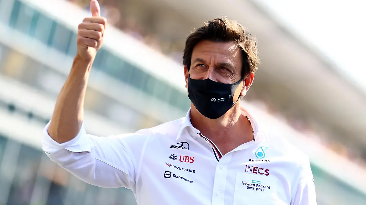 MONZA, ITALY - SEPTEMBER 11: Mercedes GP Executive Director Toto Wolff waves to the crowd before the Sprint ahead of the F1 Grand Prix of Italy at Autodromo di Monza on September 11, 2021 in Monza, Italy. (Photo by Bryn Lennon/Getty Images)