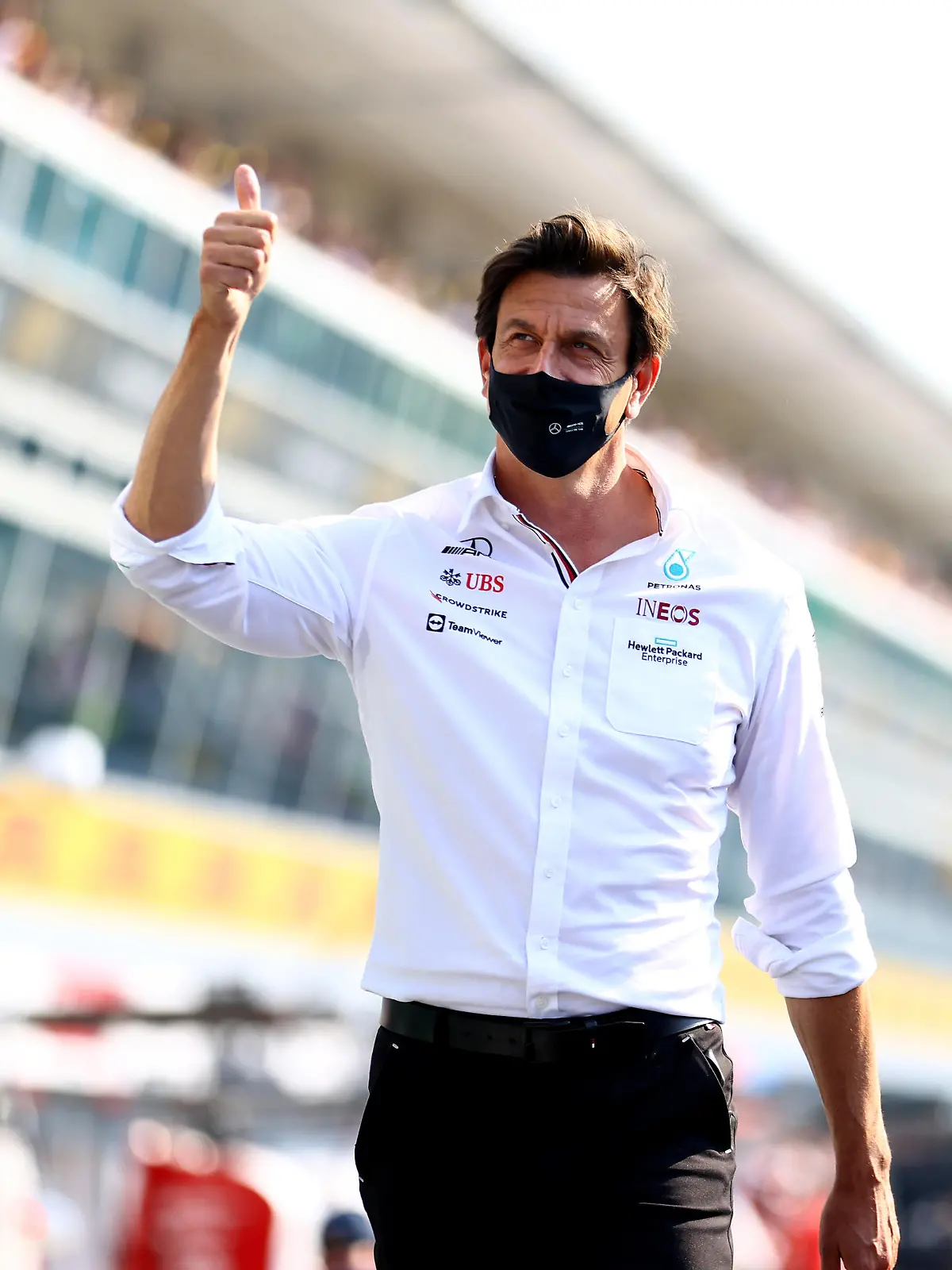 MONZA, ITALY - SEPTEMBER 11: Mercedes GP Executive Director Toto Wolff waves to the crowd before the Sprint ahead of the F1 Grand Prix of Italy at Autodromo di Monza on September 11, 2021 in Monza, Italy. (Photo by Bryn Lennon/Getty Images)