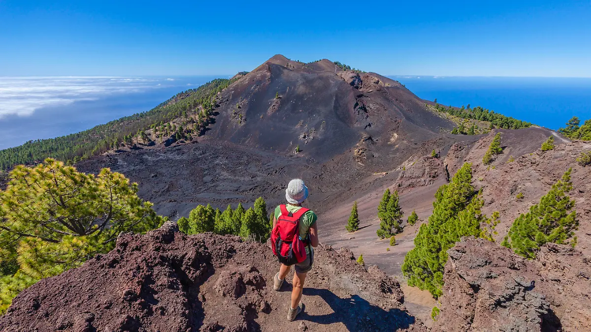 Woman admiring the beautiful volcanic landscape along the Volcano Route, maybe the most spectacular trek of La Palma that follows the ridge of the mountain from El Pilar to Fuencaliente, for a total of about 17 km. You can walk on the edge of a crater, on a land paved with stones and volcanic rocks, but also through the vegetation that gradually takes possession of the territory. And enjoy the panorama on both coasts. Canary Islands, Spain