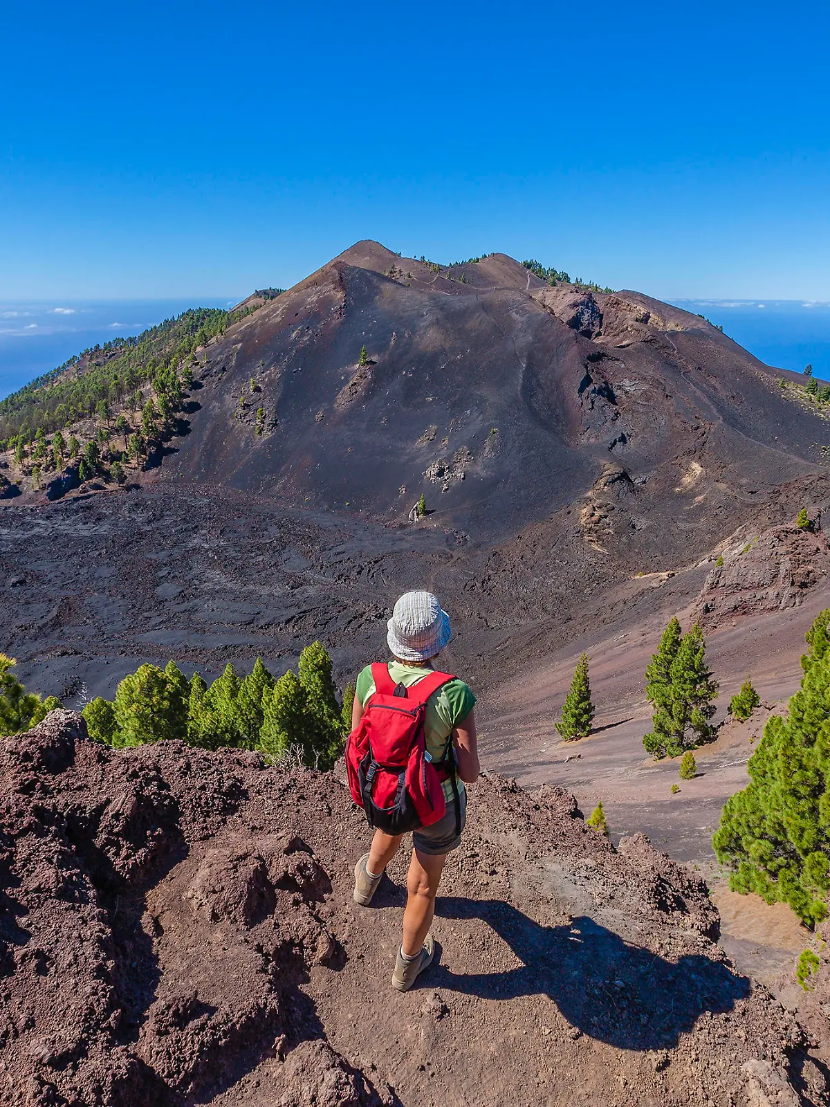 Woman admiring the beautiful volcanic landscape along the Volcano Route, maybe the most spectacular trek of La Palma that follows the ridge of the mountain from El Pilar to Fuencaliente, for a total of about 17 km. You can walk on the edge of a crater, on a land paved with stones and volcanic rocks, but also through the vegetation that gradually takes possession of the territory. And enjoy the panorama on both coasts. Canary Islands, Spain