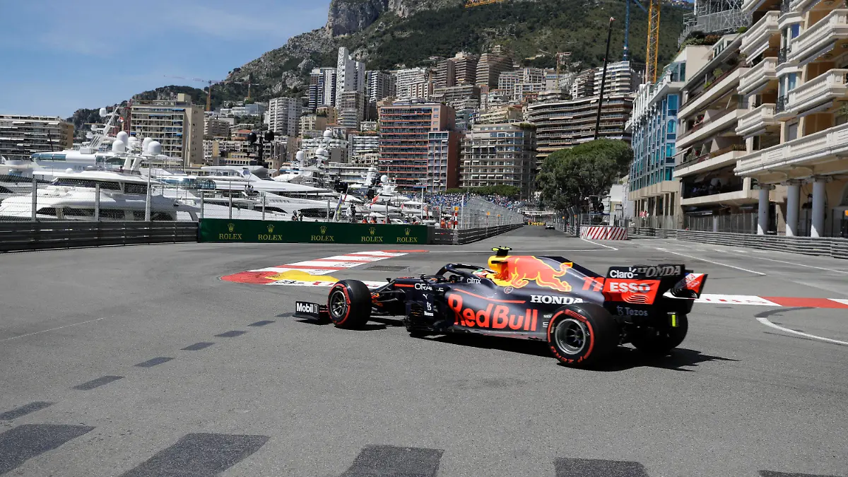 Red Bull driver Sergio Perez of Mexico steers his car during the first free practice for Sunday's Formula One race, at the Monaco racetrack, in Monaco, Thursday, May 20, 2021. (AP Photo/Luca Bruno)
