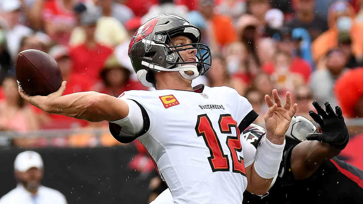 Sep 19, 2021; Tampa, Florida, USA; Tampa Bay Buccaneers quarterback Tom Brady (12) throws a pass in the first half against the Atlanta Falcons  at Raymond James Stadium. Mandatory Credit: Jonathan Dyer-USA TODAY Sports