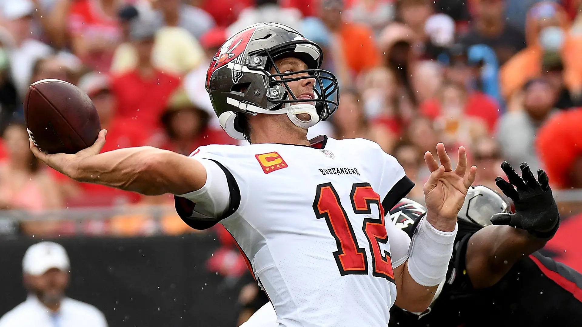 Sep 19, 2021; Tampa, Florida, USA; Tampa Bay Buccaneers quarterback Tom Brady (12) throws a pass in the first half against the Atlanta Falcons at Raymond James Stadium. Mandatory Credit: Jonathan Dyer-USA TODAY Sports