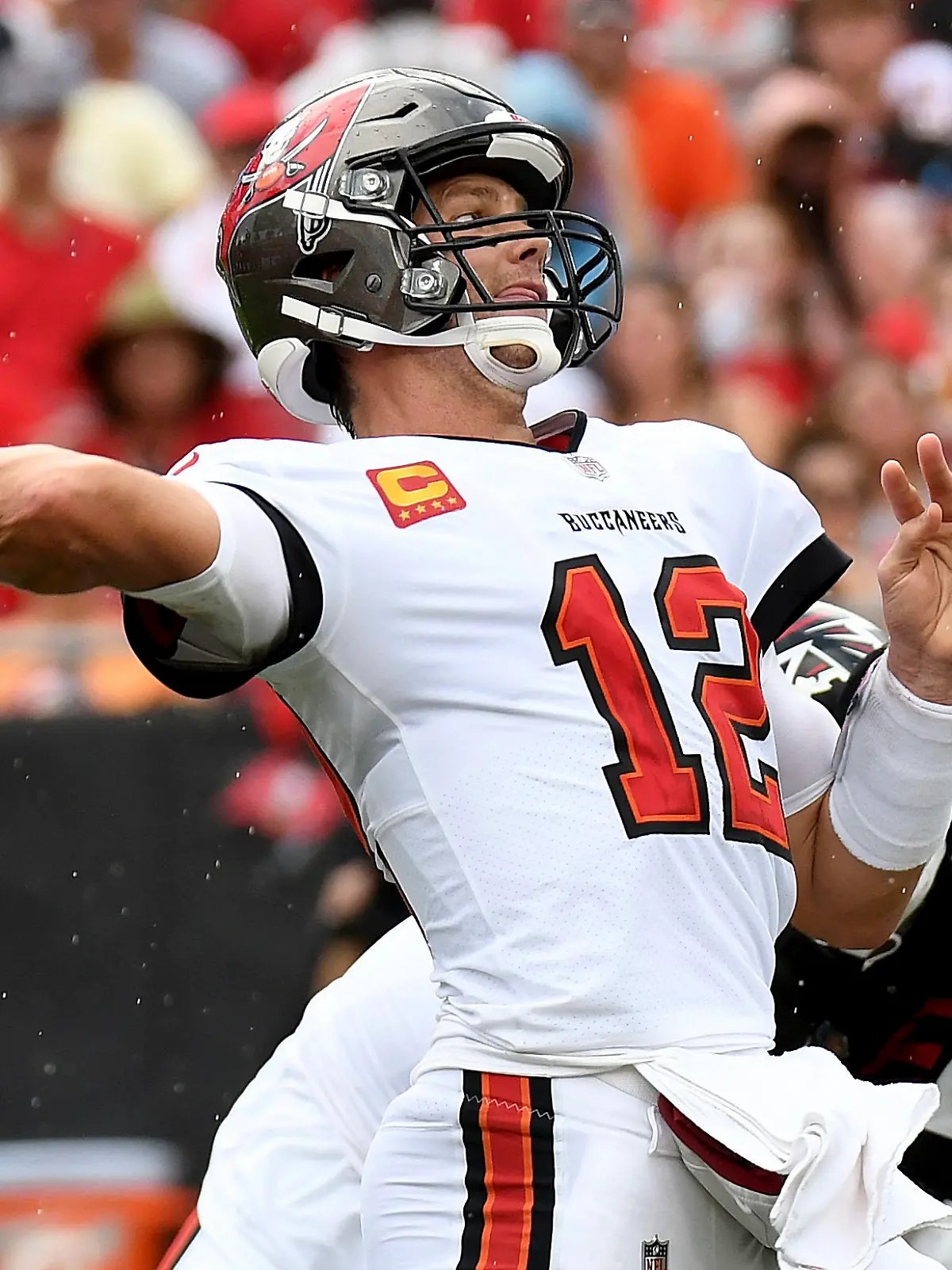 Sep 19, 2021; Tampa, Florida, USA; Tampa Bay Buccaneers quarterback Tom Brady (12) throws a pass in the first half against the Atlanta Falcons  at Raymond James Stadium. Mandatory Credit: Jonathan Dyer-USA TODAY Sports