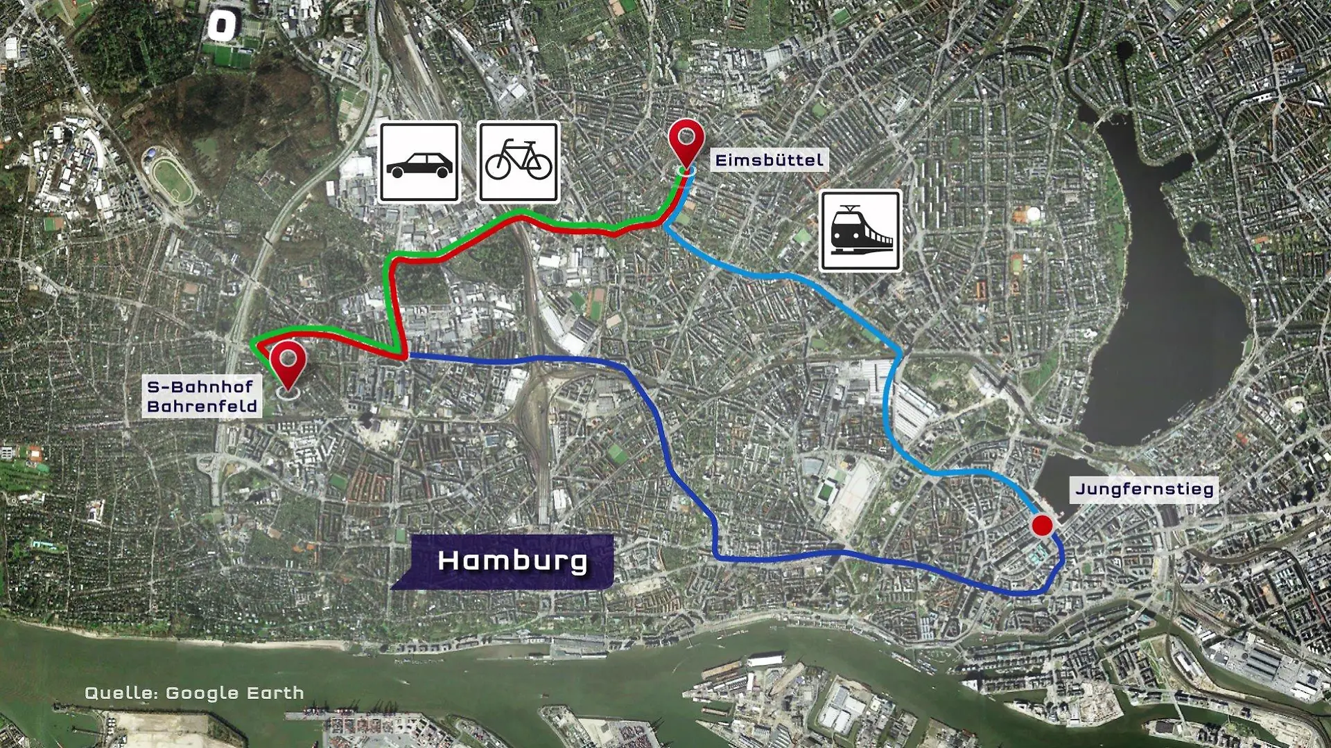 Die Routen von Eimsbüttel nach Bahrenfeld. Was geht am schnellsten?