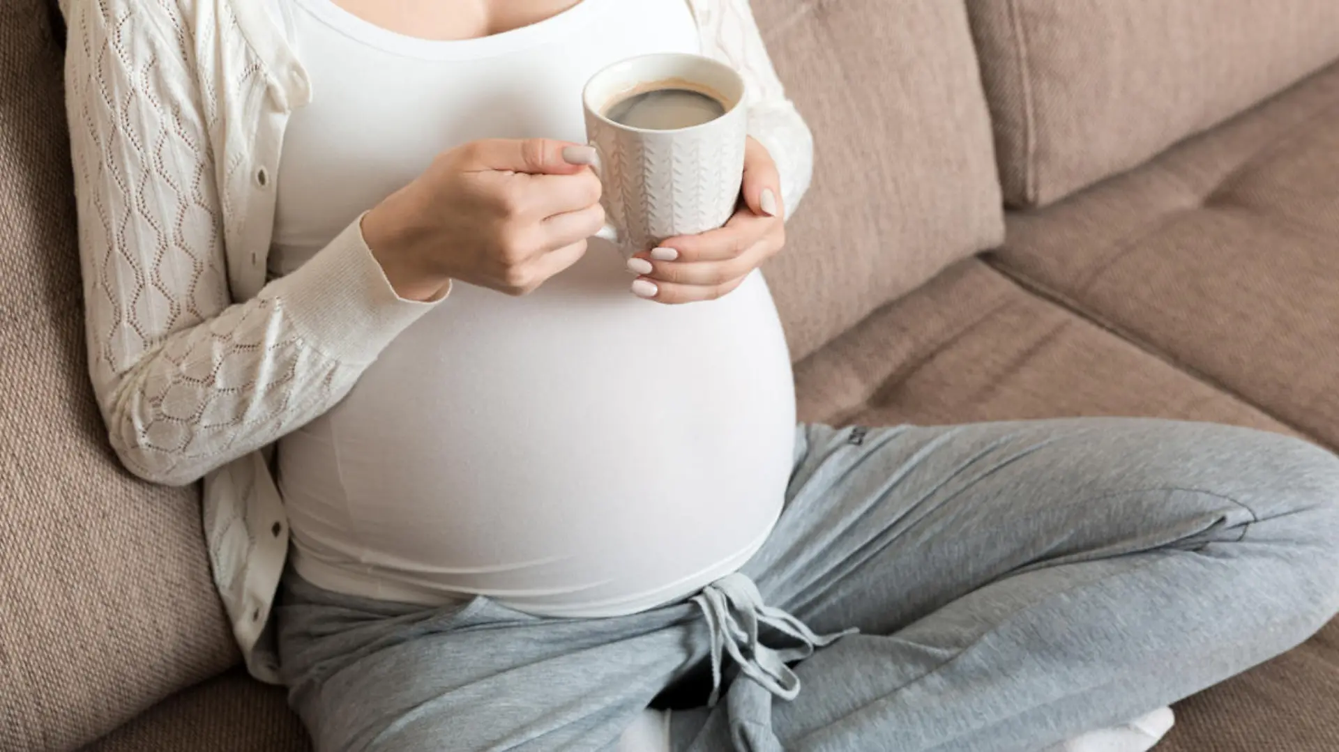 pregnant girl sitting on sofa with coffee Cup in hand coffee. maternity morning.