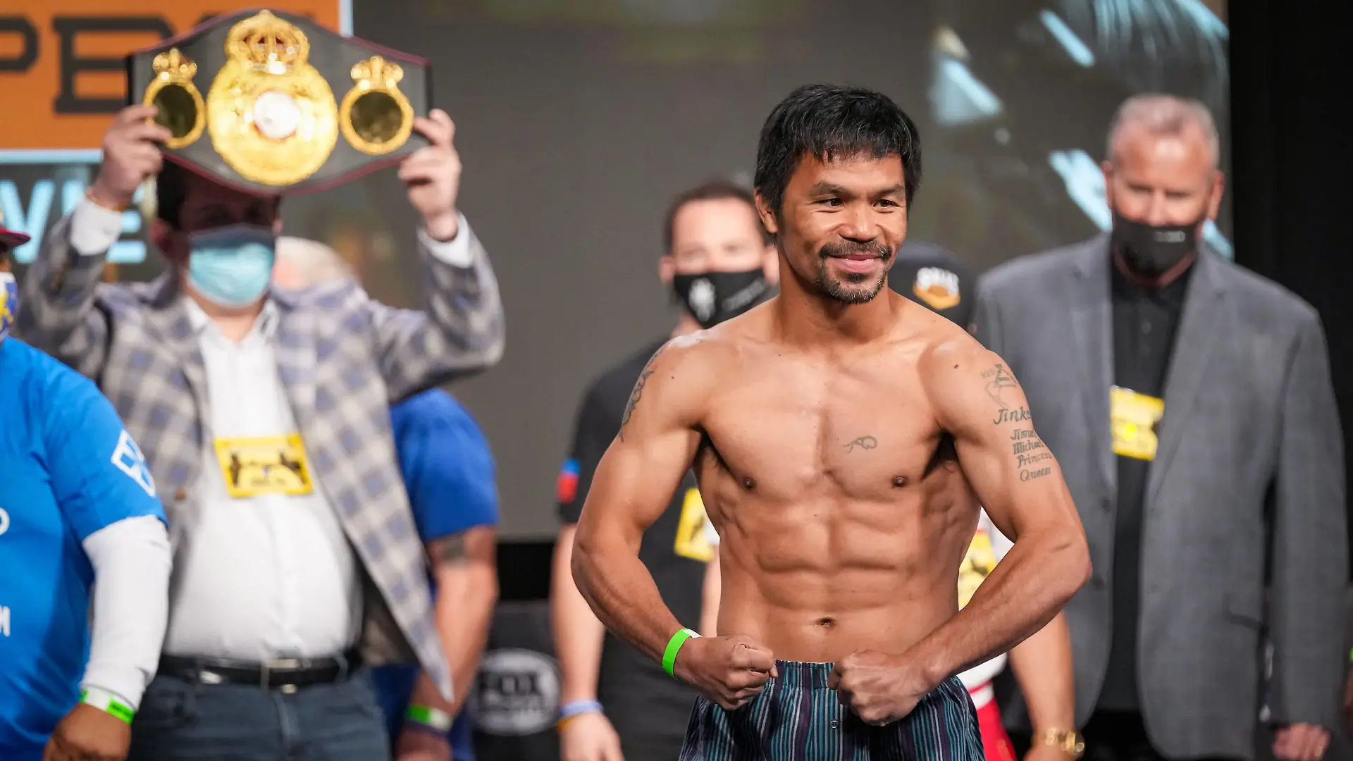 LAS VEGAS, NV - AUGUST 20: Manny Pacquiao steps on the scale for the official weigh-ins during the official weigh-in for Pacquiao vs. Ugas on August 20, 2021 at MGM Grand Garden Arena in Las Vegas, NV. Photo by Louis Grasse/PxImages/Icon Sportswire BOXING: AUG 21 Pacquiao v Ugas Official Weigh-In Icon2108211002
