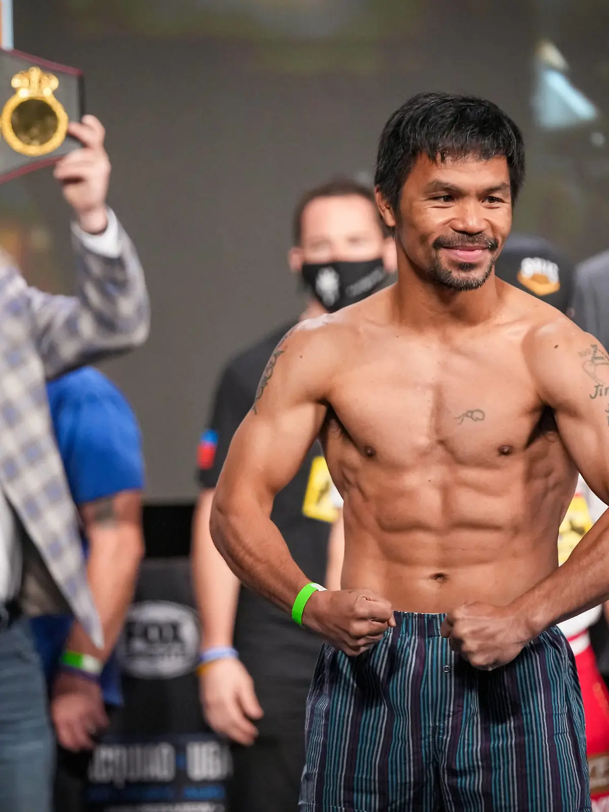 LAS VEGAS, NV - AUGUST 20: Manny Pacquiao steps on the scale for the official weigh-ins during the official weigh-in for Pacquiao vs. Ugas on August 20, 2021 at MGM Grand Garden Arena in Las Vegas, NV. Photo by Louis Grasse/PxImages/Icon Sportswire BOXING: AUG 21 Pacquiao v Ugas Official Weigh-In Icon2108211002 