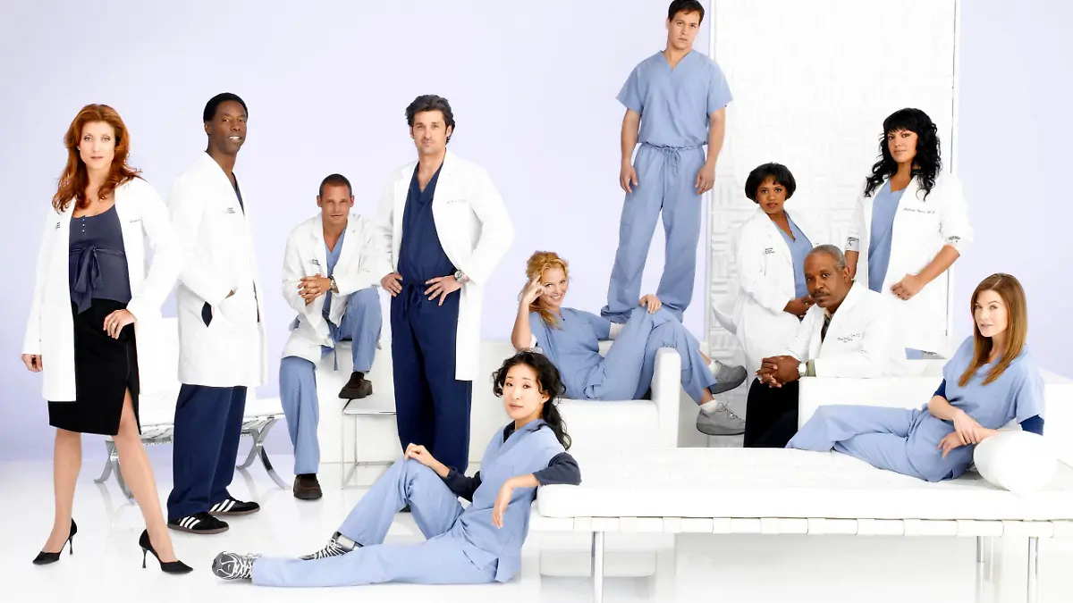 GREY'S ANATOMY [US 2005 - ]  [L-R] Kate Walsh as Addison Shepherd, Isaiah Washington as Preston Burke, Justin Chambers as Alex Karev, Patrick Dempsey as Derek Shepherd, Sandra Oh as Cristina Yang, Katherine Heigl as Isobel 'Izzie' Stevens, T.R. Knight as George O'Malley, Chandra Wilson as Miranda Bailey, James Pickens, Jr. as Richard Webber, Sara Ramirez as Dr. Callie Torres and Ellen Pompeo as Meredith Grey.    GREY'S ANATOMY [US 2005 - ]   [L-R] Kate Walsh as Addison Shepherd, Isaiah Washington as Preston Burke, Justin Chambers as Alex Karev, Patrick Dempsey as Derek Shepherd, Sandra Oh as Cristina Yang, Katherine Heigl as Isobel 'Izzie' Stevens, T.R. Knight as George O'Malley, Chandra Wilson as Miranda Bailey, James Pickens, Jr. as Richard Webber, Sara Ramirez as Dr. Callie Torres and Ellen Pompeo as Meredith Grey.     Date:  (Mary Evans Picture Library) Keine Weitergabe an Drittverwerter., Nur für redaktionelle Verwendung.