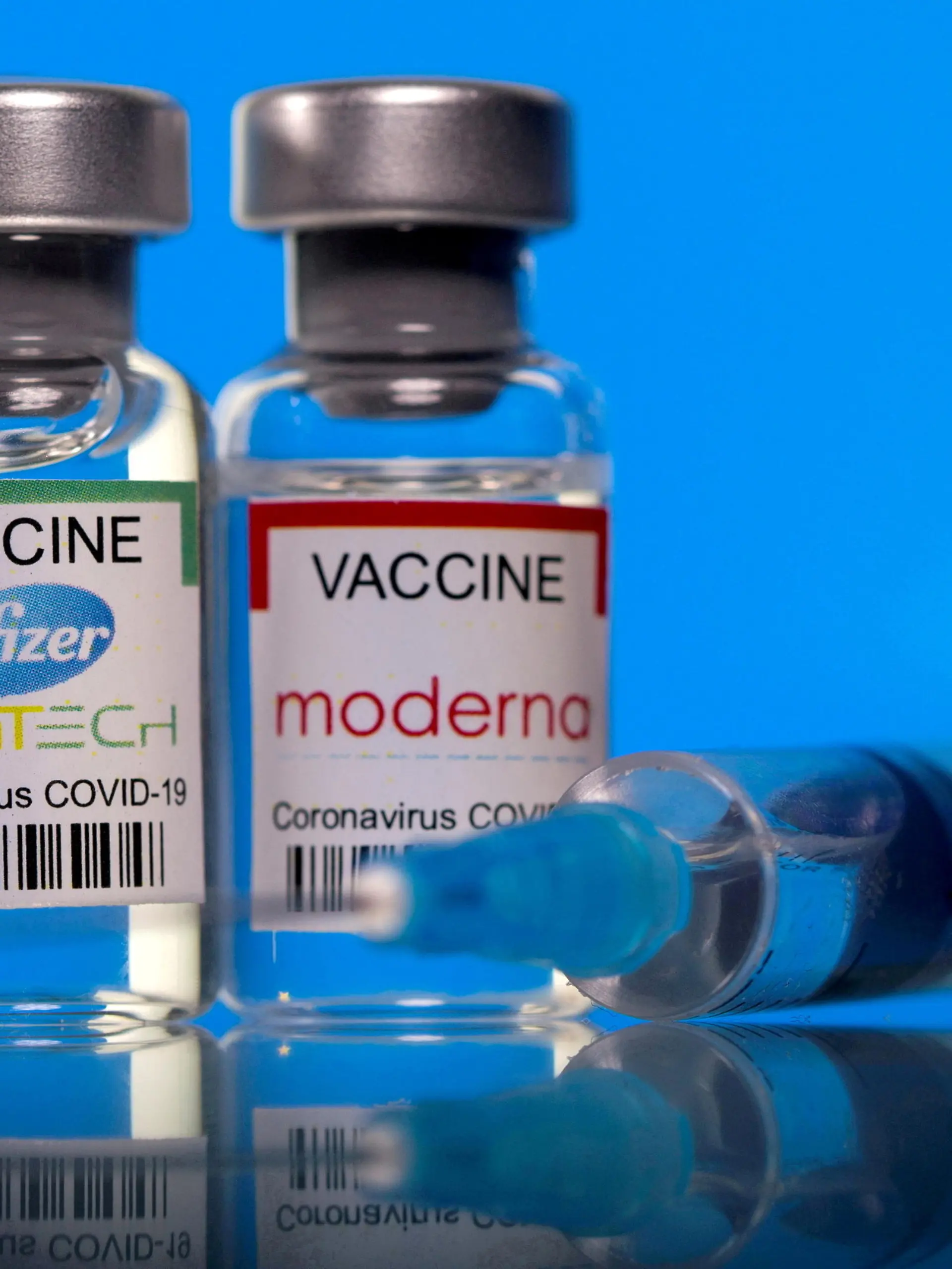 FILE PHOTO: Vials with Pfizer-BioNTech and Moderna coronavirus disease (COVID-19) vaccine labels are seen in this illustration picture taken March 19, 2021. REUTERS/Dado Ruvic/Illustration//File Photo