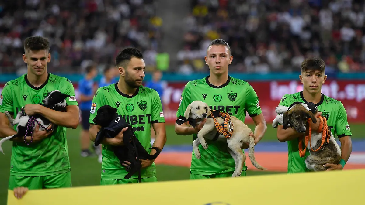 FCSB v Dinamo Bucharest - Romanian First League Catalin Itu, Alexandru Rauta, Deniz Giafer and Costin Amzar hold dogs in action during the Romania Liga 1 game between FCSB and Dinamo Bucharest, played on Arena Nationala, in Bucharest, on Sunday 12 September 2021. Bucharest Romania nicodim-notitle210912_npnvq PUBLICATIONxNOTxINxFRA Copyright: xAlexxNicodimx