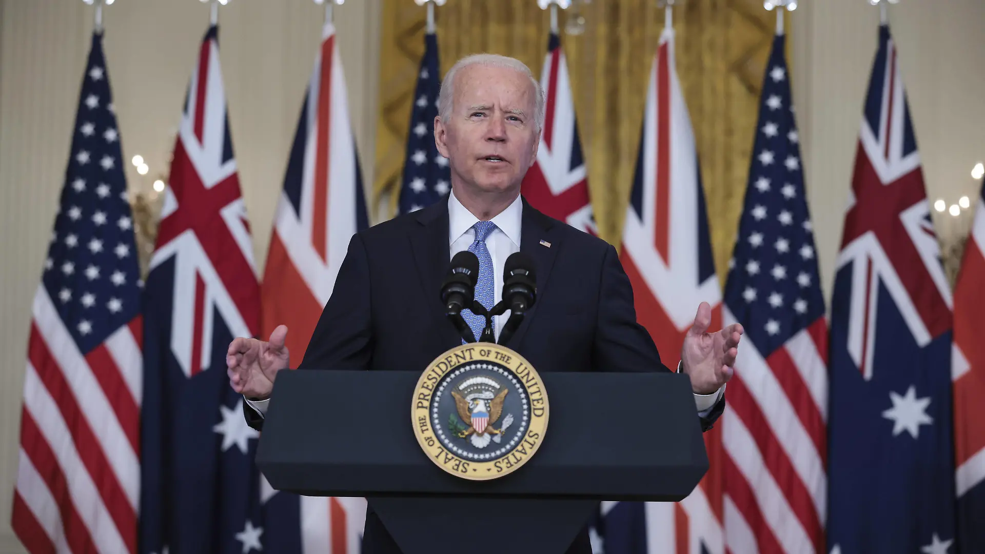 President Joe Biden delivers remarks about a national security initiative on Wednesday, September 15, 2021 in the East Room of the White House in Washington, DC. President Biden was joined virtually by Prime Minister Scott Morrison of Australia and Prime Minister Boris Johnson of the United Kingdom. PUBLICATIONxINxGERxSUIxAUTxHUNxONLY WAX20210915212 OliverxContreras
