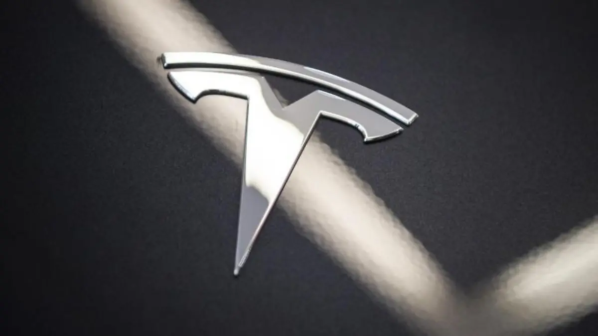 Das Logo von Tesla ist auf einer Motorhaube zu sehen