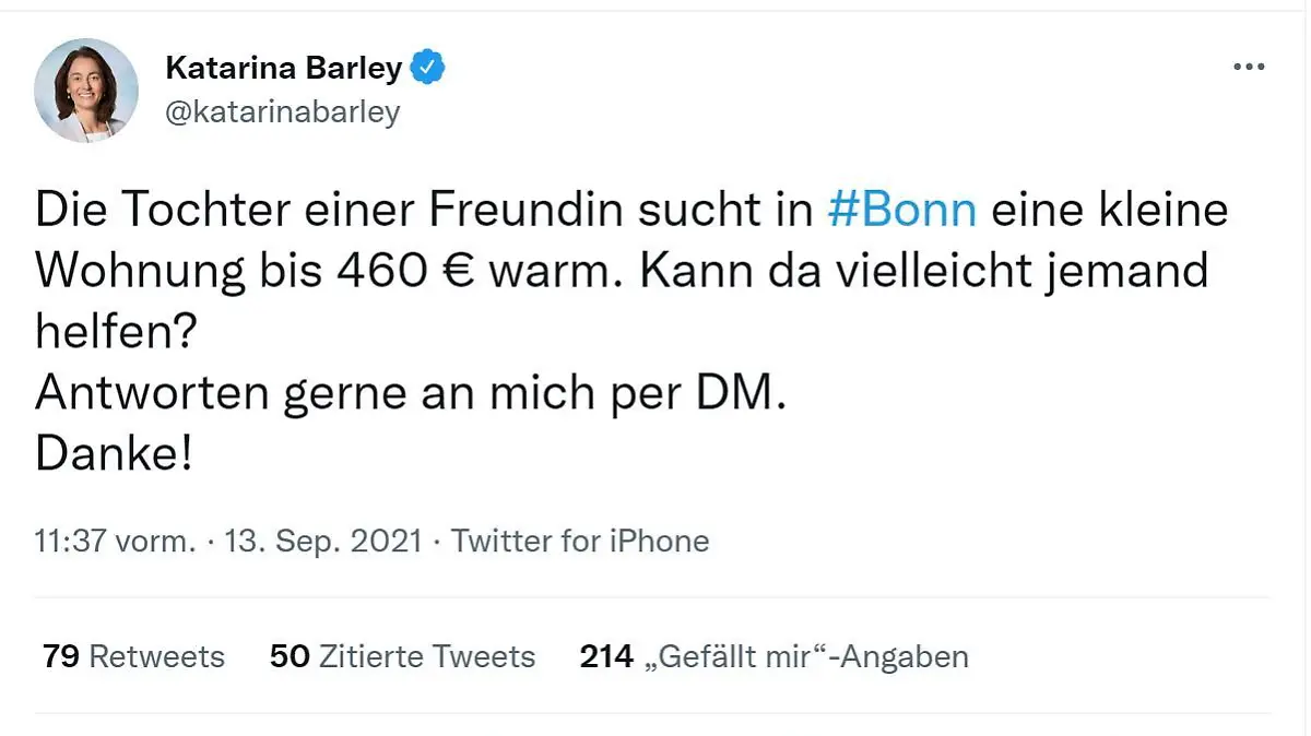 Katarina Barley, Tweet, 13.09.2021, Wohnungssuche für Freundin